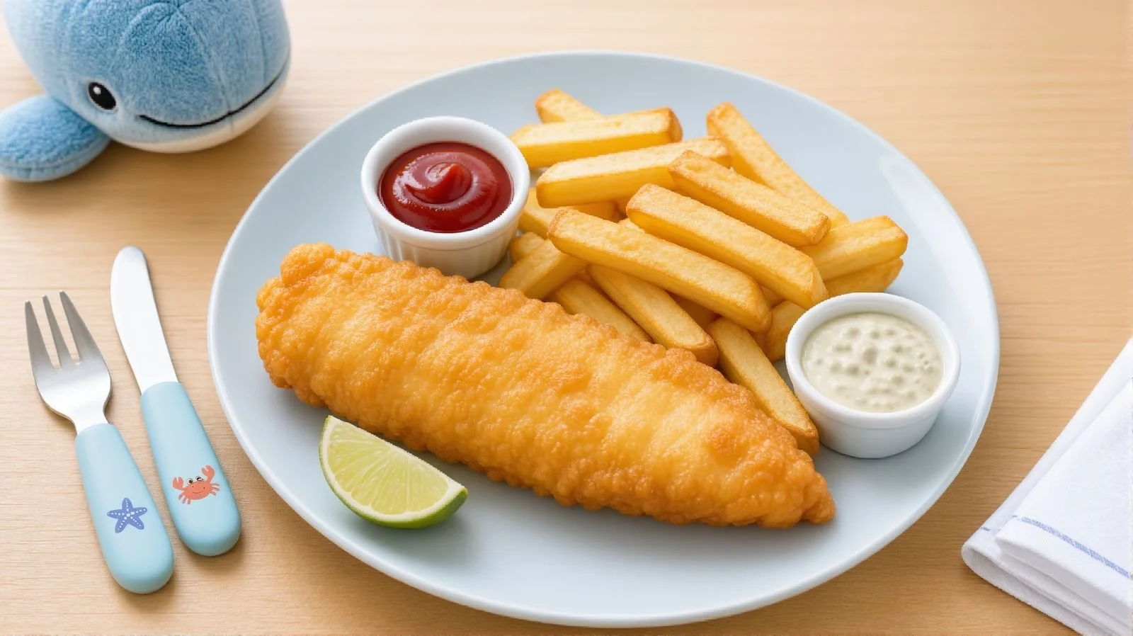 Children's fish and chips served with crispy fries, ketchup, tartar sauce and a fresh lime wedge on a white plate.