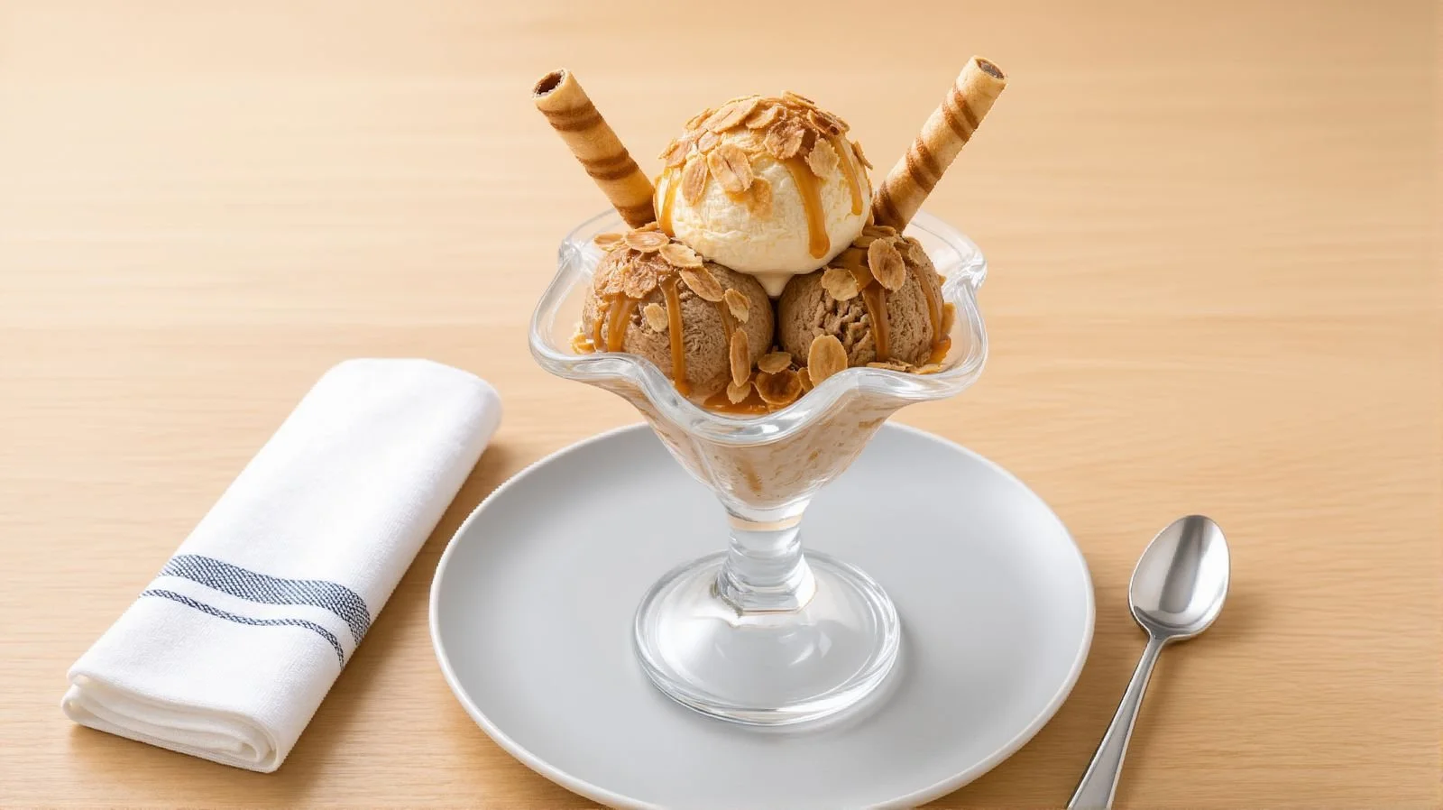 Ice cream sundae with caramel sauce, wafer rolls and almonds served in the Palms Room at Watersmeet Hotel, Woolacombe.