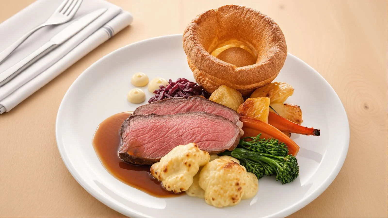 Roast beef dinner served with Yorkshire pudding, seasonal vegetables, roast potatoes and rich gravy in the Watersmeet Hotel restaurant.
