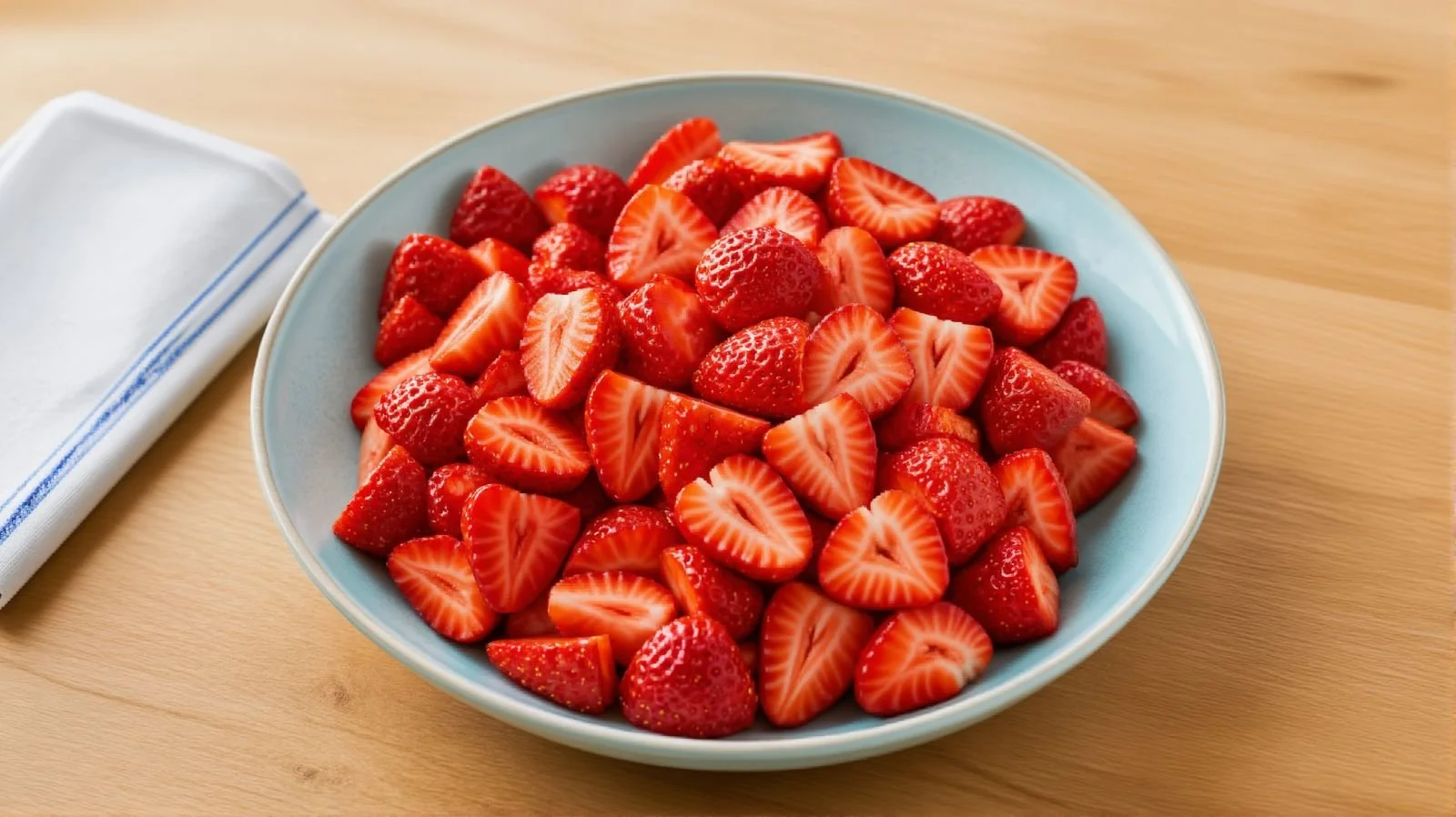 Freshly sliced strawberries in a blue bowl, served as a healthy children's dessert or side at Watersmeet Hotel.