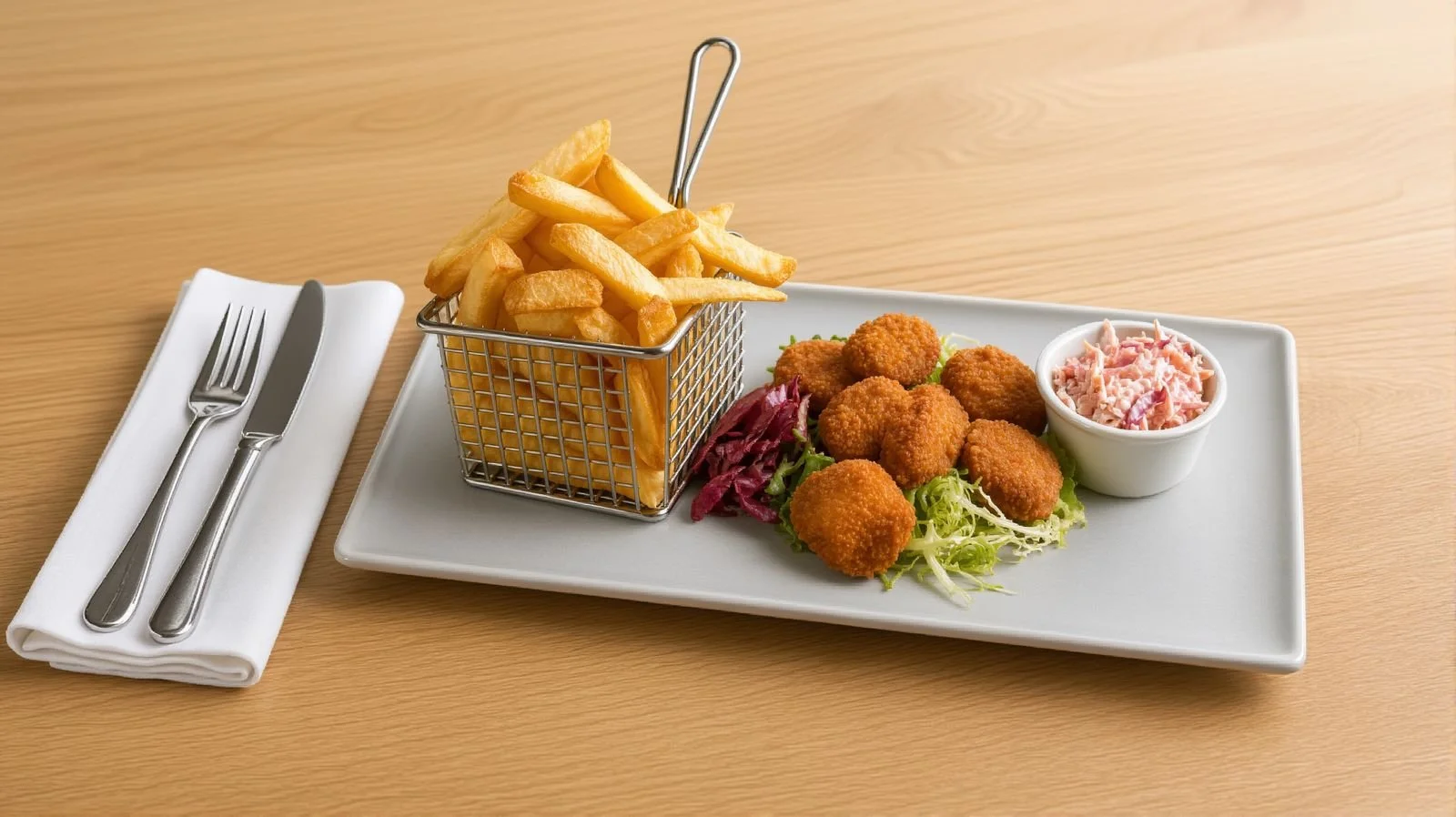 Breaded seafood bites served with chunky chips in a wire basket, coleslaw and dipping sauce on a rectangular white plate.