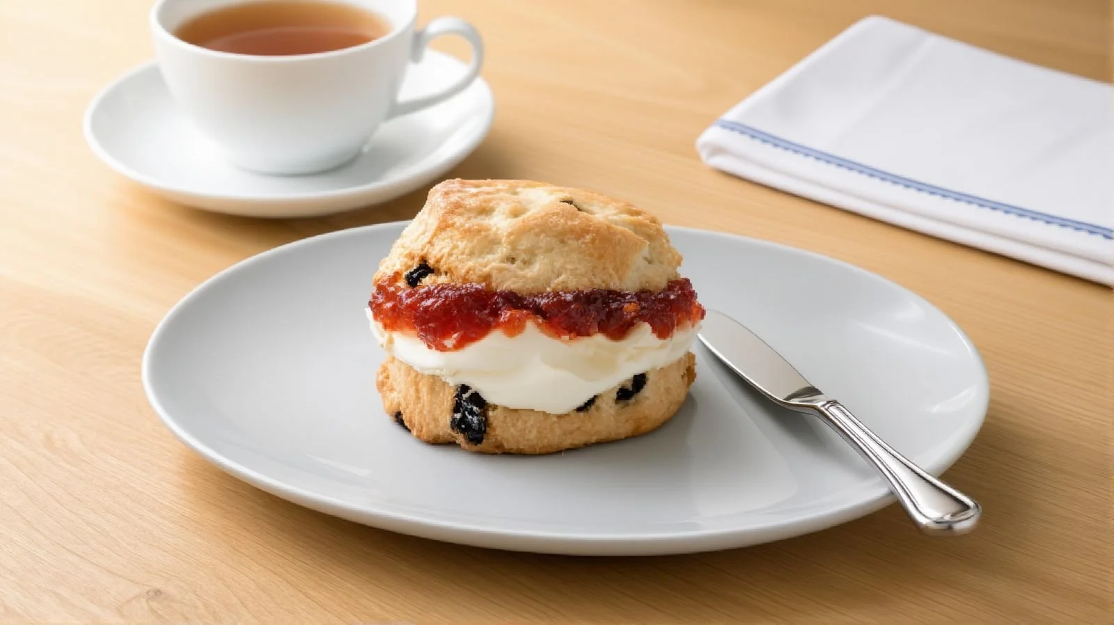 Traditional Devon cream tea with homemade scone, strawberry jam, clotted cream and a pot of tea.