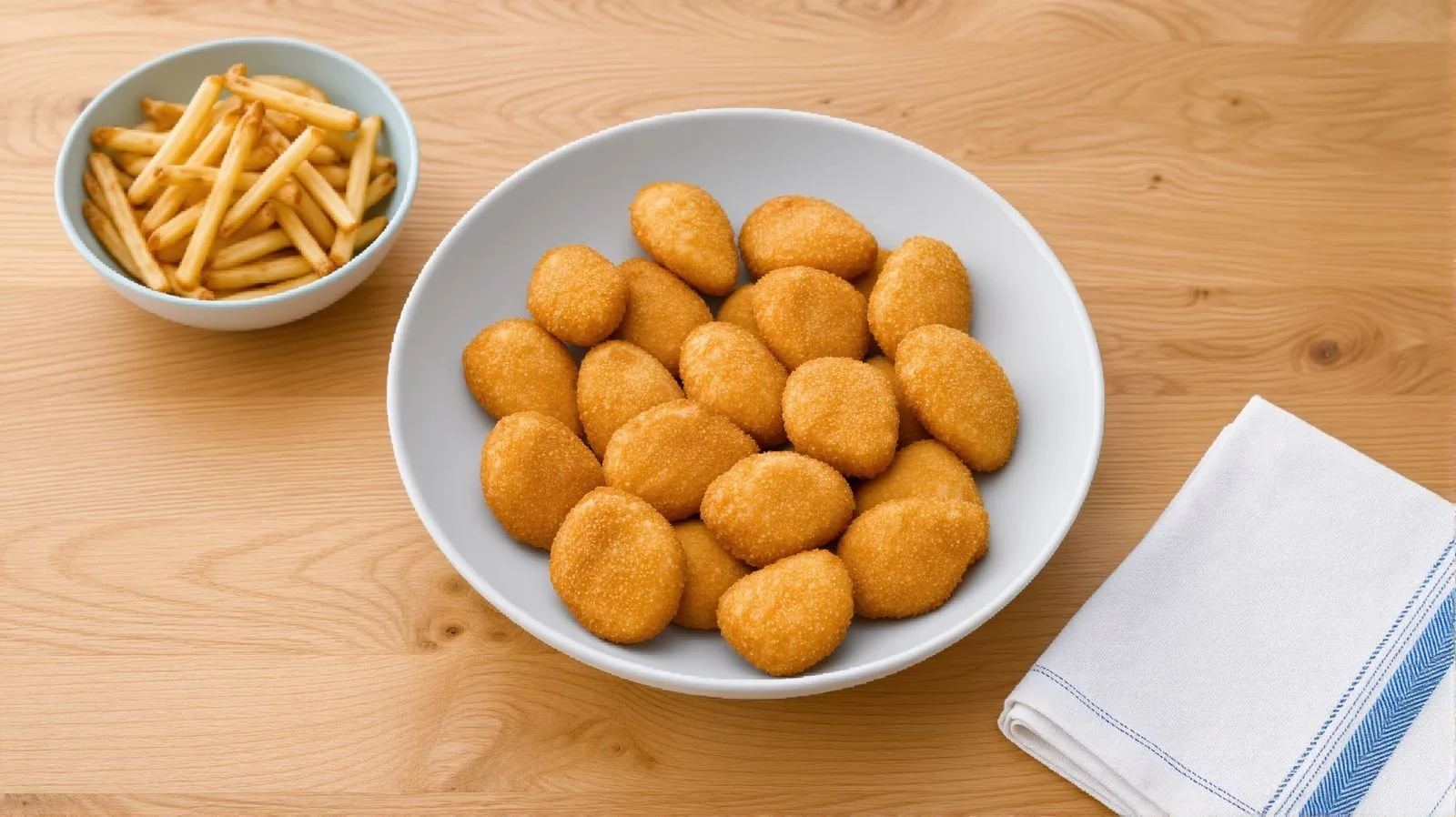 Breaded chicken nuggets served with French fries on a wooden table.