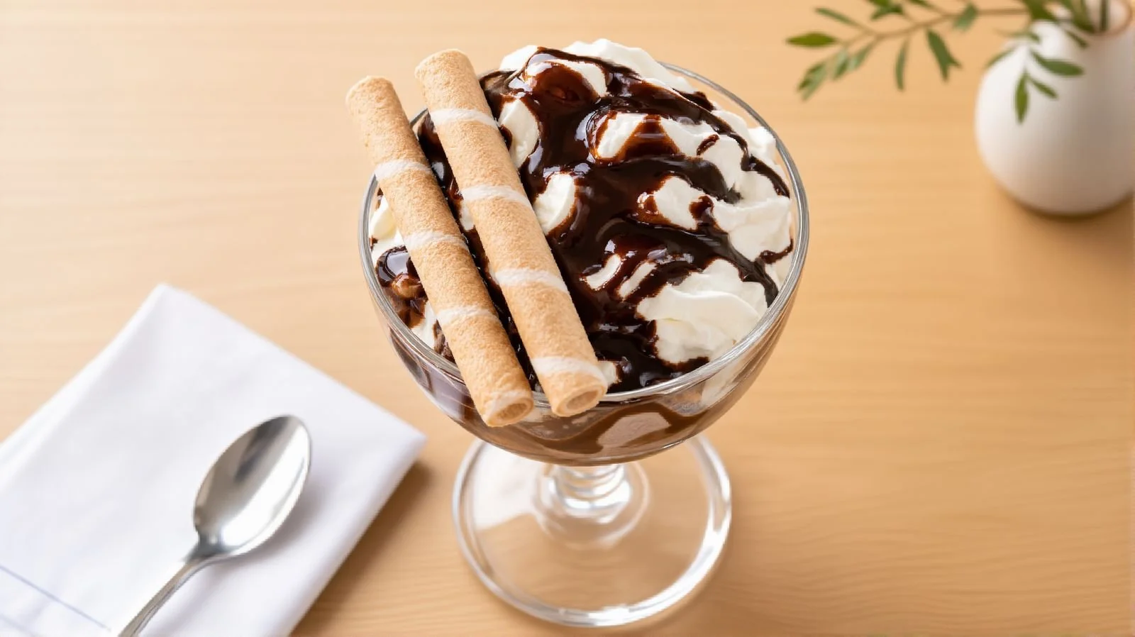 Chocolate ice cream sundae topped with whipped cream, chocolate sauce and wafer rolls, served in a glass dessert dish.