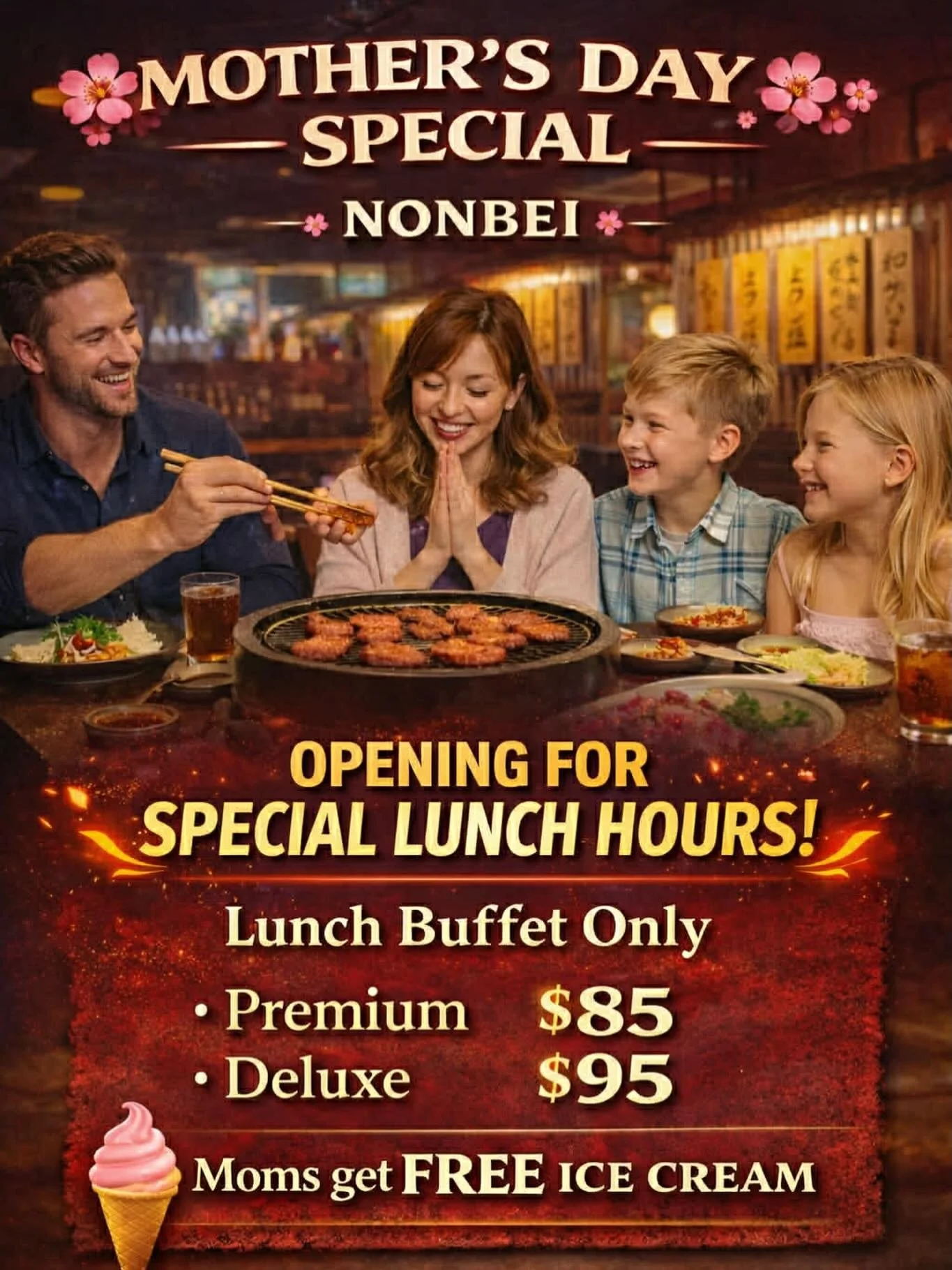 🌸 MOTHER&rsquo;S DAY SPECIAL &ndash; NONBEI 🌸 

Celebrate Mom with love, laughter &amp; Yakiniku ❤️ 

👩&zwj;👧&zwj;👦 Say &ldquo;Thank you always&rdquo; with a special family BBQ experience 

🔥 ALL-YOU-CAN-EAT ONLY 
🥩 Premium Buffet &mdash; $85 