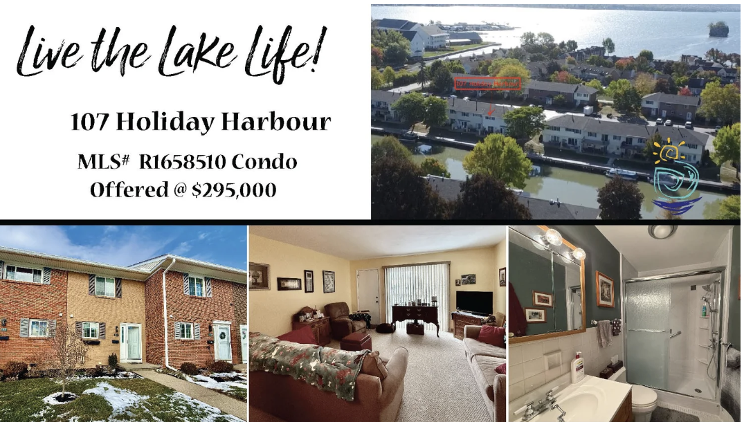 Flyer advertising a condo for sale at 107 Holiday Harbour with a lake view, priced at $295,000. The image shows aerial view of the condo complex with water and trees, a brick apartment building, a living room, and a bathroom.