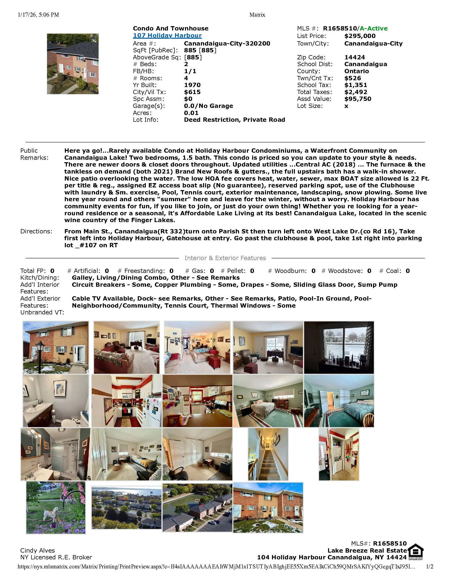 Listing for a condo a in Canandaigua City, New York, including interior and exterior photos, and property details such as price, size, features, and directions.
