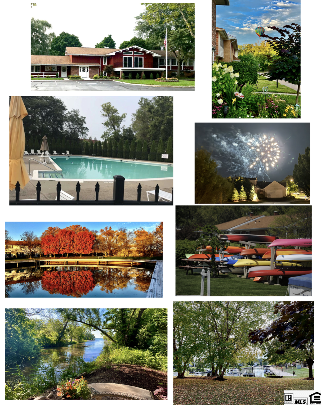 A collage of outdoor scenes at Holiday Harbour on Canandaigua Lake, flower garden, a swimming pool, fireworks , trees with fall foliage reflected in water, sucker brook,  our  boats, a nature trail, and kayaks stacked on racks.