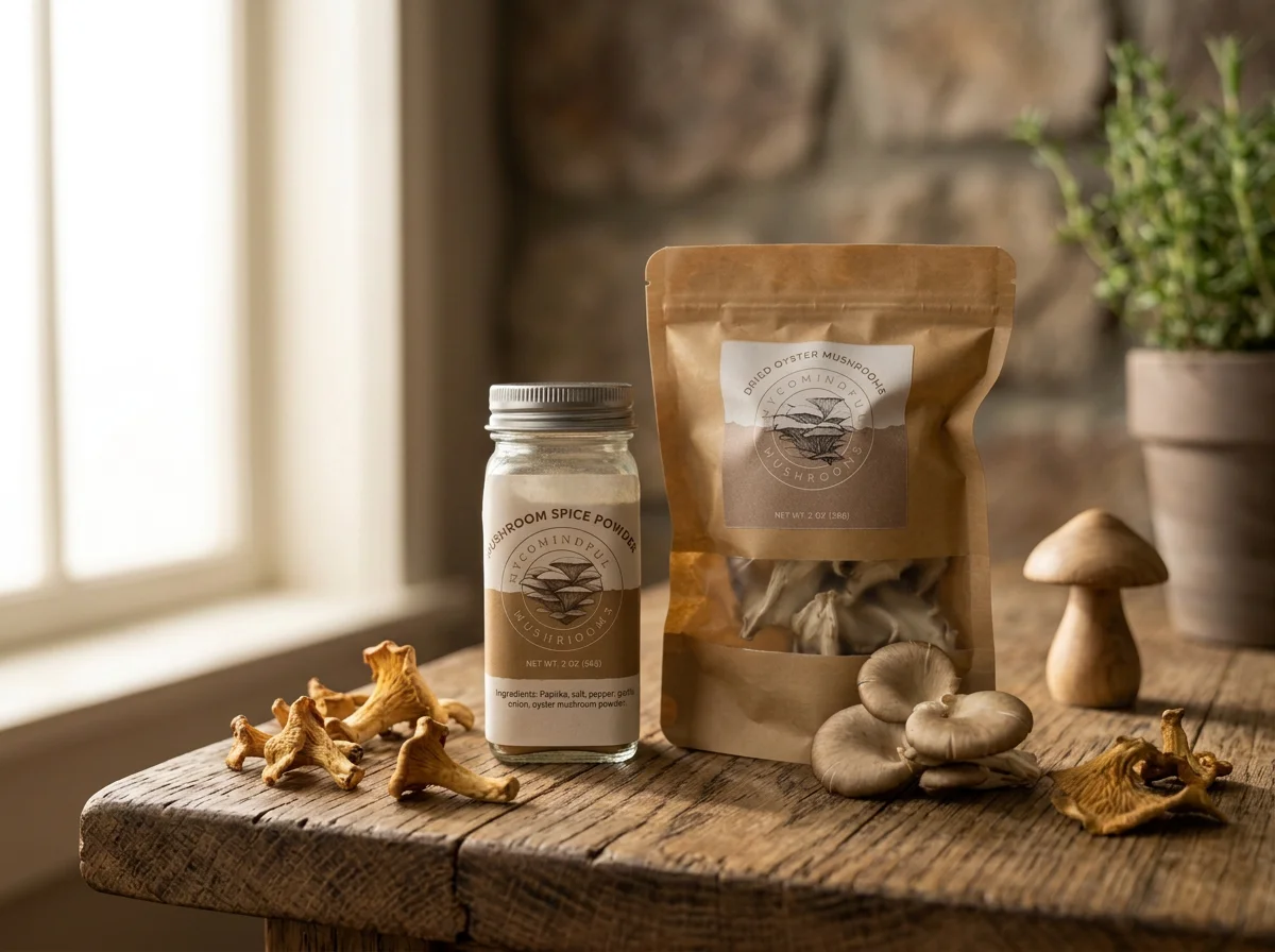 Dried mushroom products on a wooden table, including mushroom spice powder and dried oyster mushrooms, with some fresh mushrooms and a potted plant in the background.