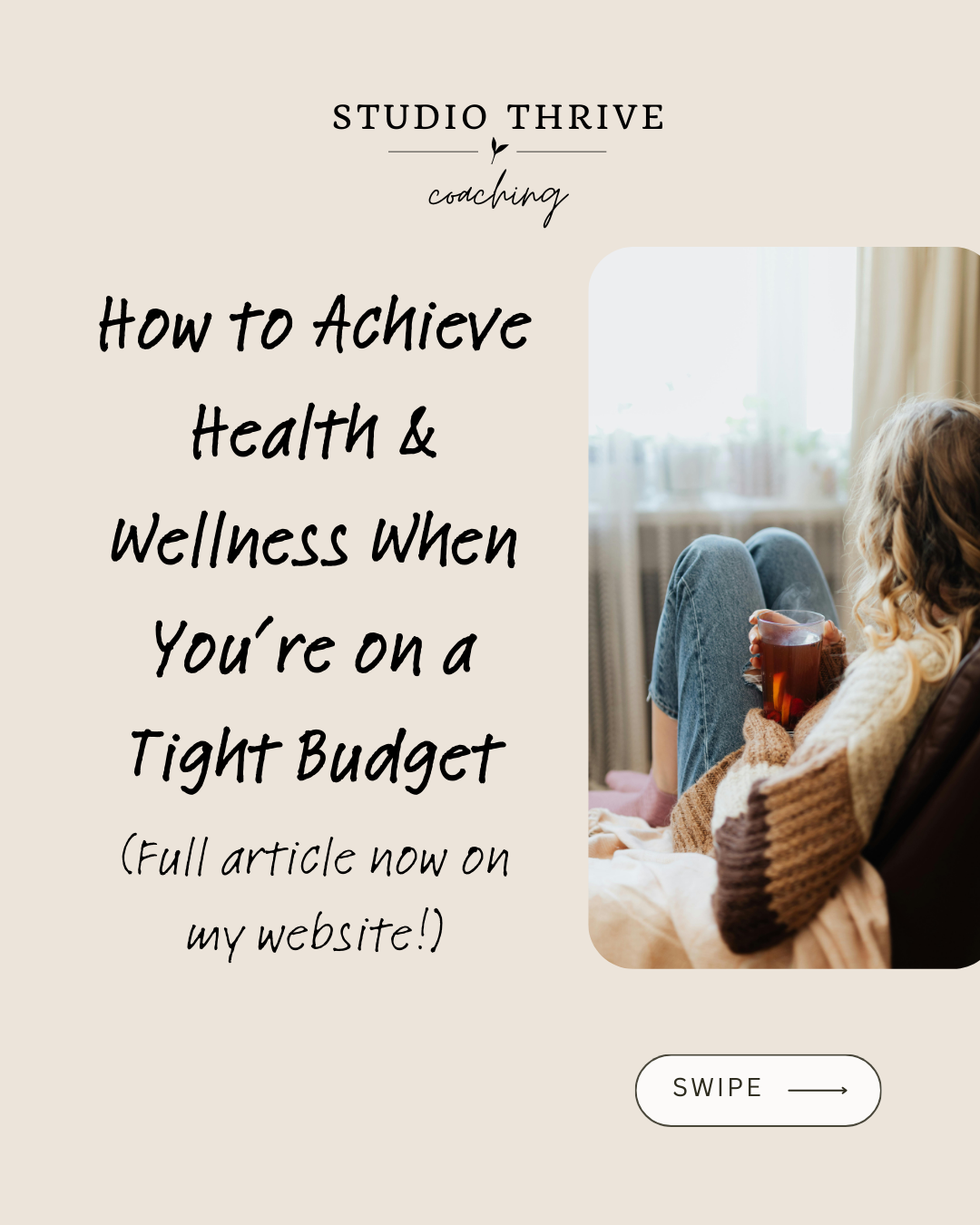 A woman sitting on a couch holding a glass of tea or coffee in a cozy living room with natural light, beige curtains, and a radiator.