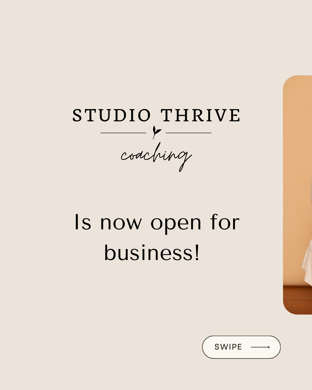Announcement for Studio Thrive coaching opening for business, with a swipe button.