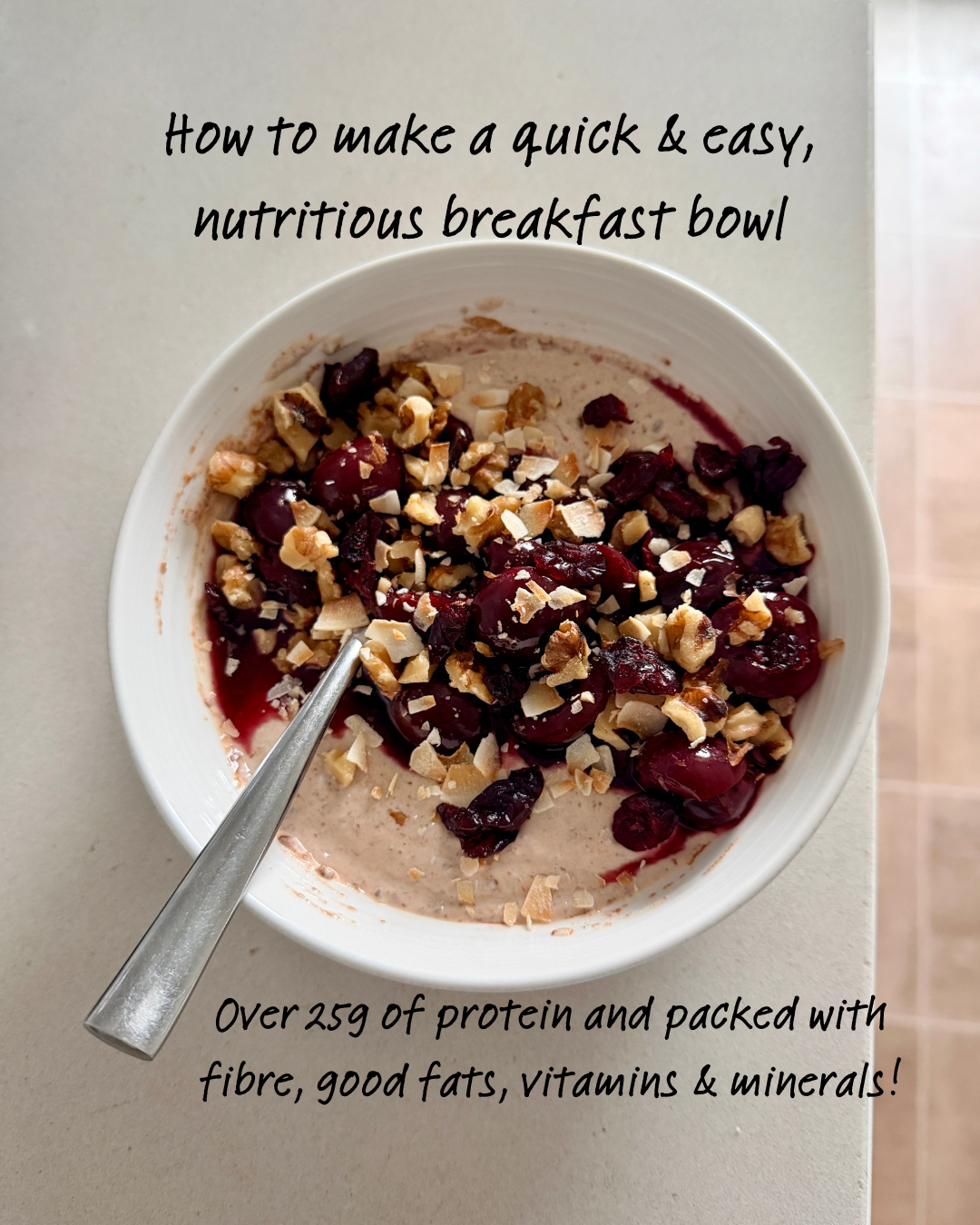 A bowl of breakfast with cherries, chopped nuts, and creamy cereal, with text overlay promoting a quick, nutritious breakfast.