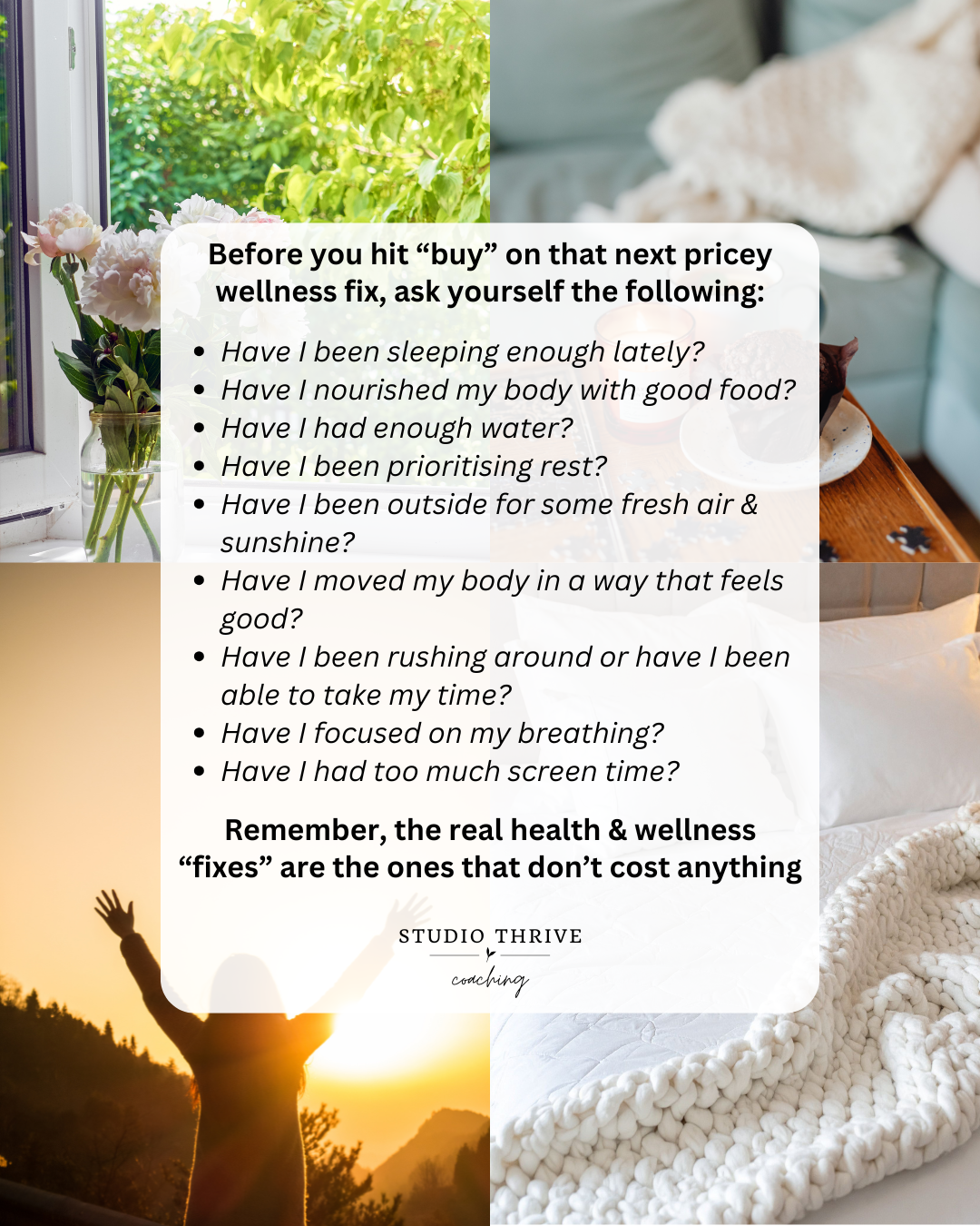 A wellness tip graphic with a collage background of a window with flowers, a person relaxing on a sofa, a sunrise with a person raising their arms, and a bed with a blanket. The text provides questions to reflect on health habits before purchasing wellness products.