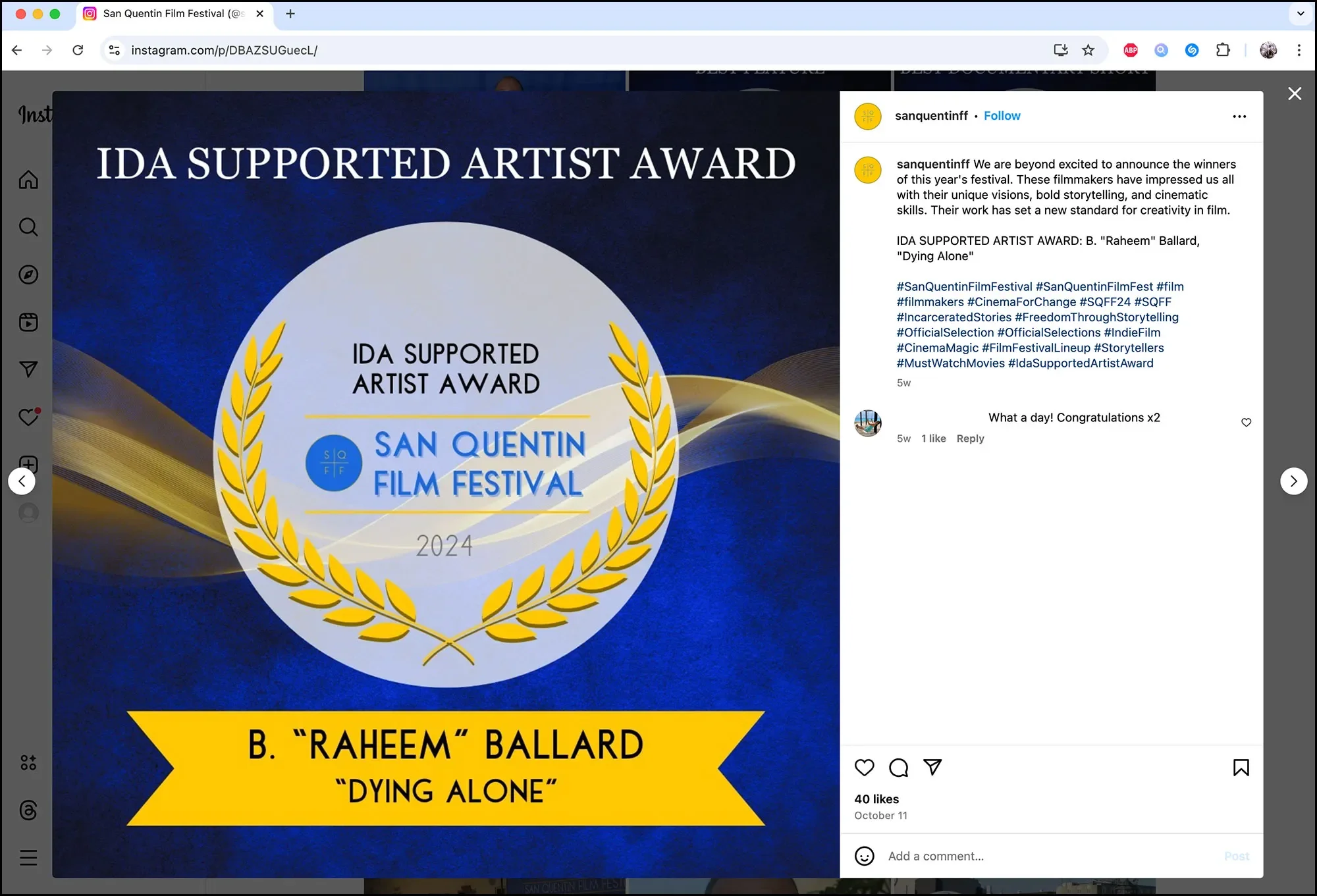 Incarcerated filmmaker wins parole same day his documentary wins San Quentin exhibition