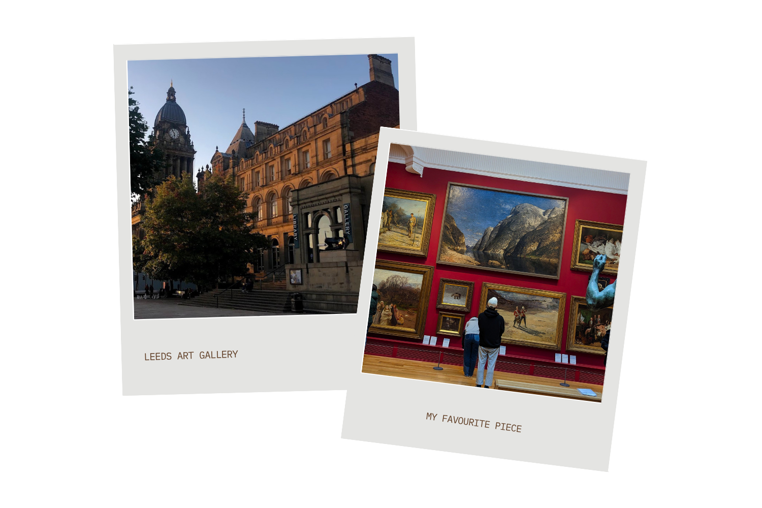 Polaroid style photos. One depicts a large, old stone building. The other in an art gallery, A red wall holds several large paintings. A man stands in front of a large painting of a mountain.