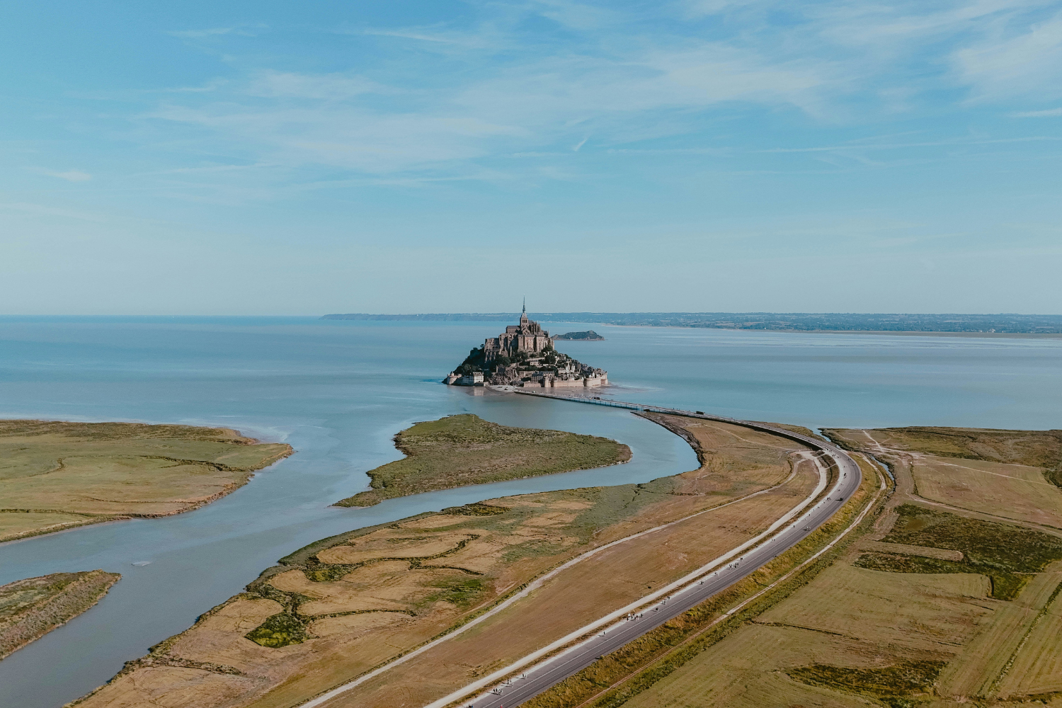 A bird's eye view of Mont Saint Michel and the bay