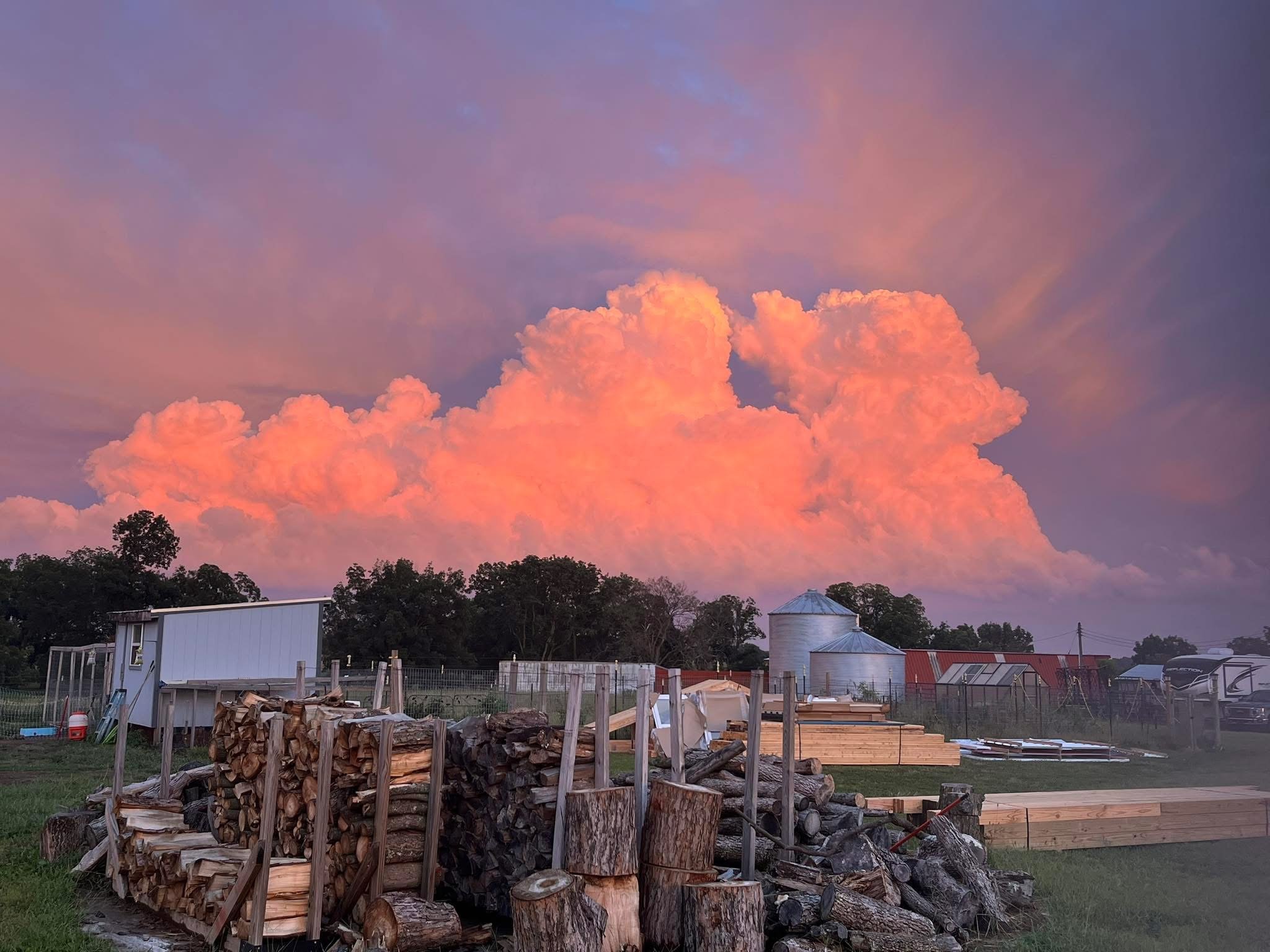 A rural backyard scene during sunset with pink clouds in the sky. There are stacks of chopped firewood, a small white building, water tanks, and a fenced area with trees and other structures.