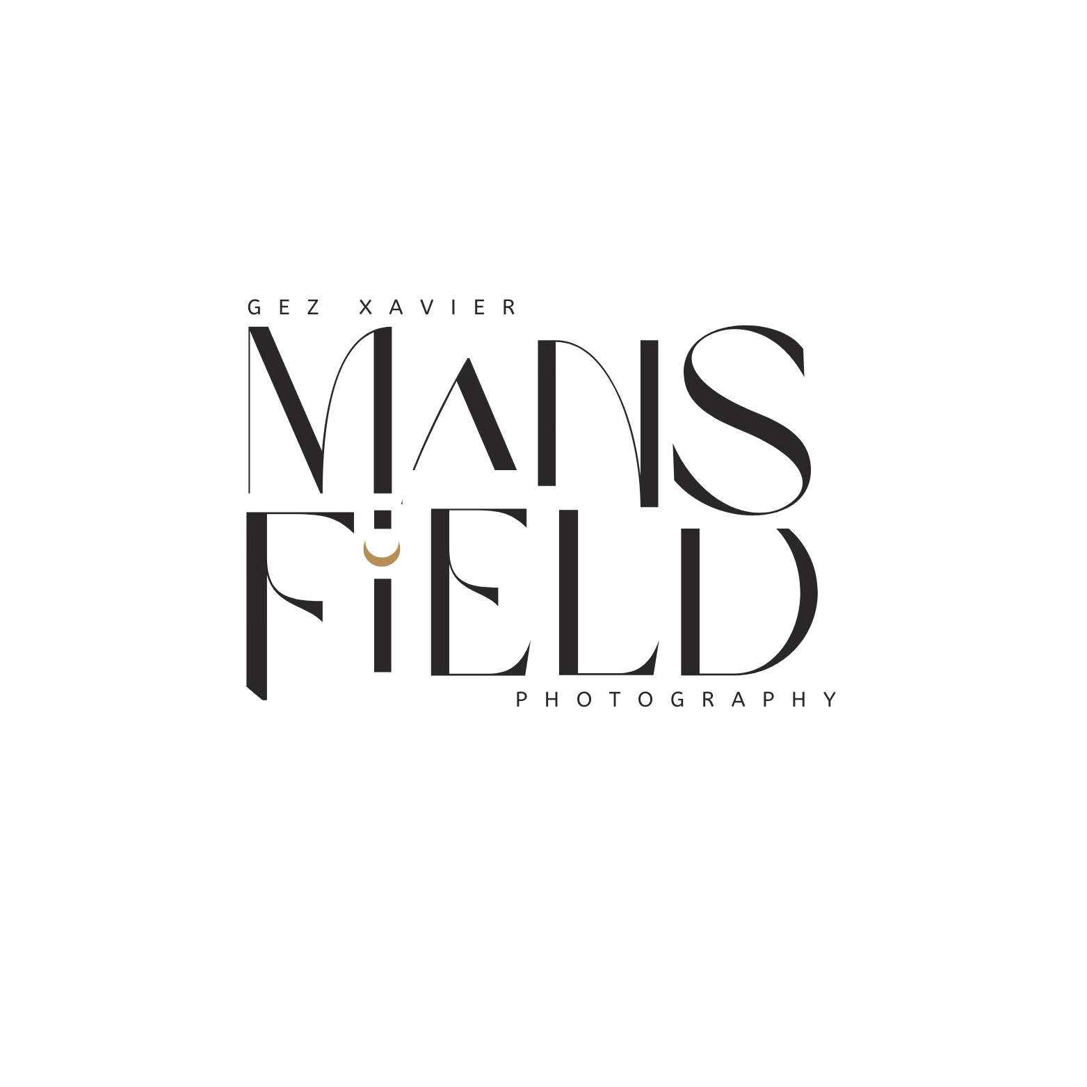 Graphic design with the text 'Gez Xavier Menis Field Photography' in stylized black font, with a small gold crescent moon incorporated into the letter 'I' in 'Menis'.