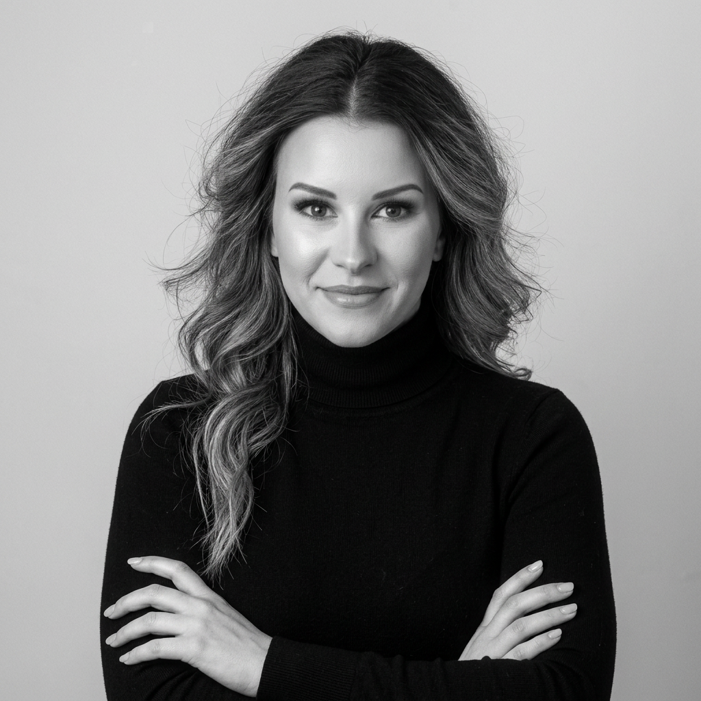 Black and white portrait of a woman with wavy hair, wearing a black turtleneck sweater, crossing her arms and smiling slightly at the camera, with a plain light gray background.