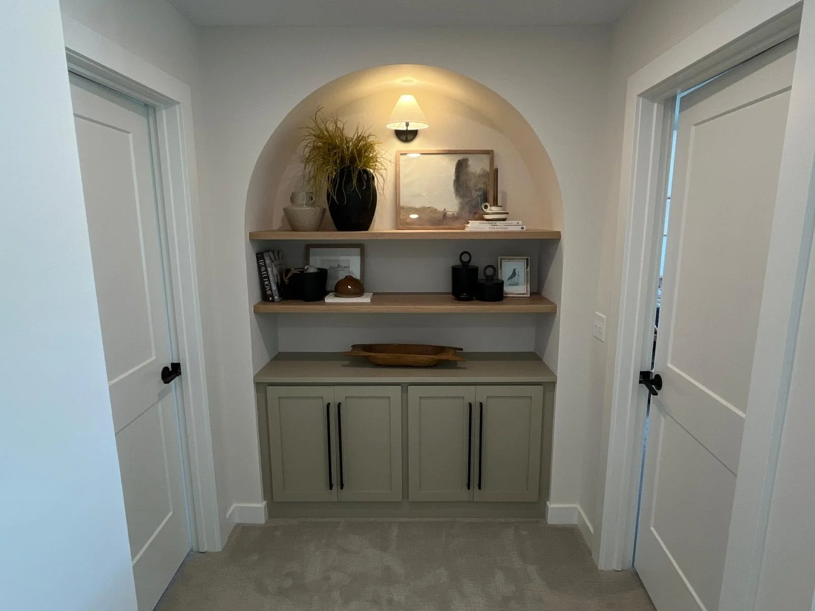 Alcove Floating Shelves and Cabinet
