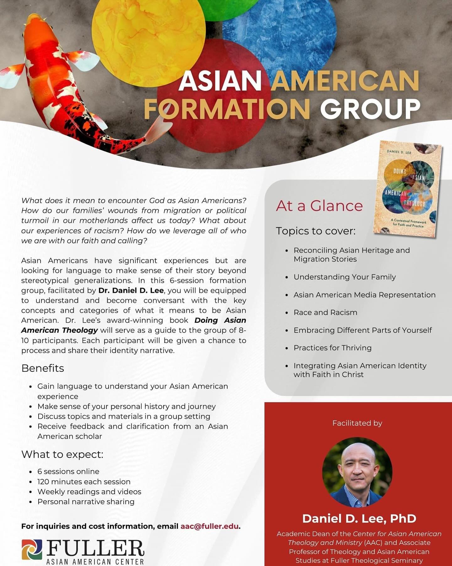 📣 CALLING ALL LOCAL ASIAN AMERICAN LEADERS! 📣

We have a few more spaces left to join our Asian American Formation Group with Dr. Daniel D. Lee of the Fuller Asian American Center on Tuesday evenings (on zoom) from 7-9 pm beginning on September 3. 
