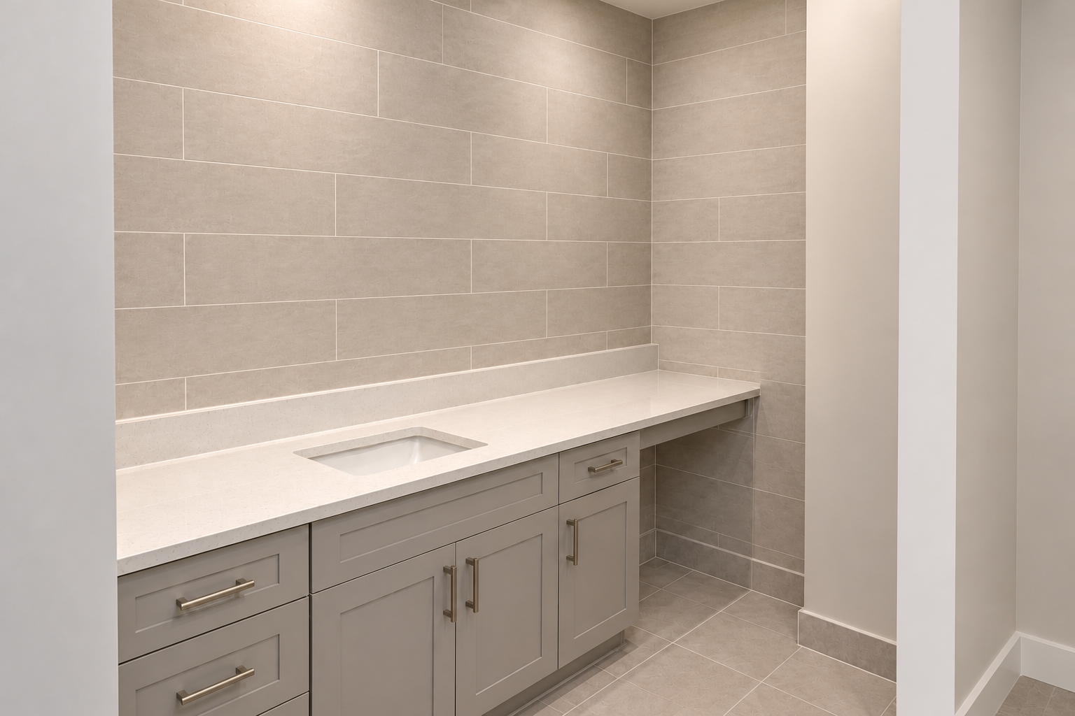 Finished bathroom vanity backsplash with white rectangular wall tiles installed above the countertop.