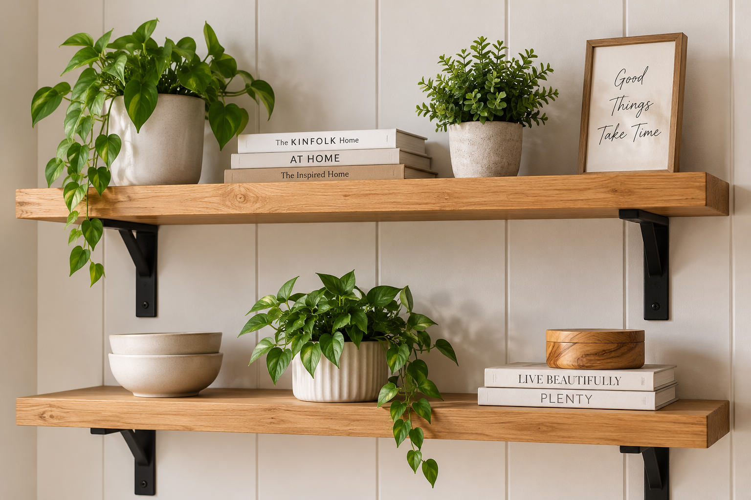 Wooden floating-style wall shelves with black metal brackets, plants and decorative items, representing shelving installation and handyman assembly services.