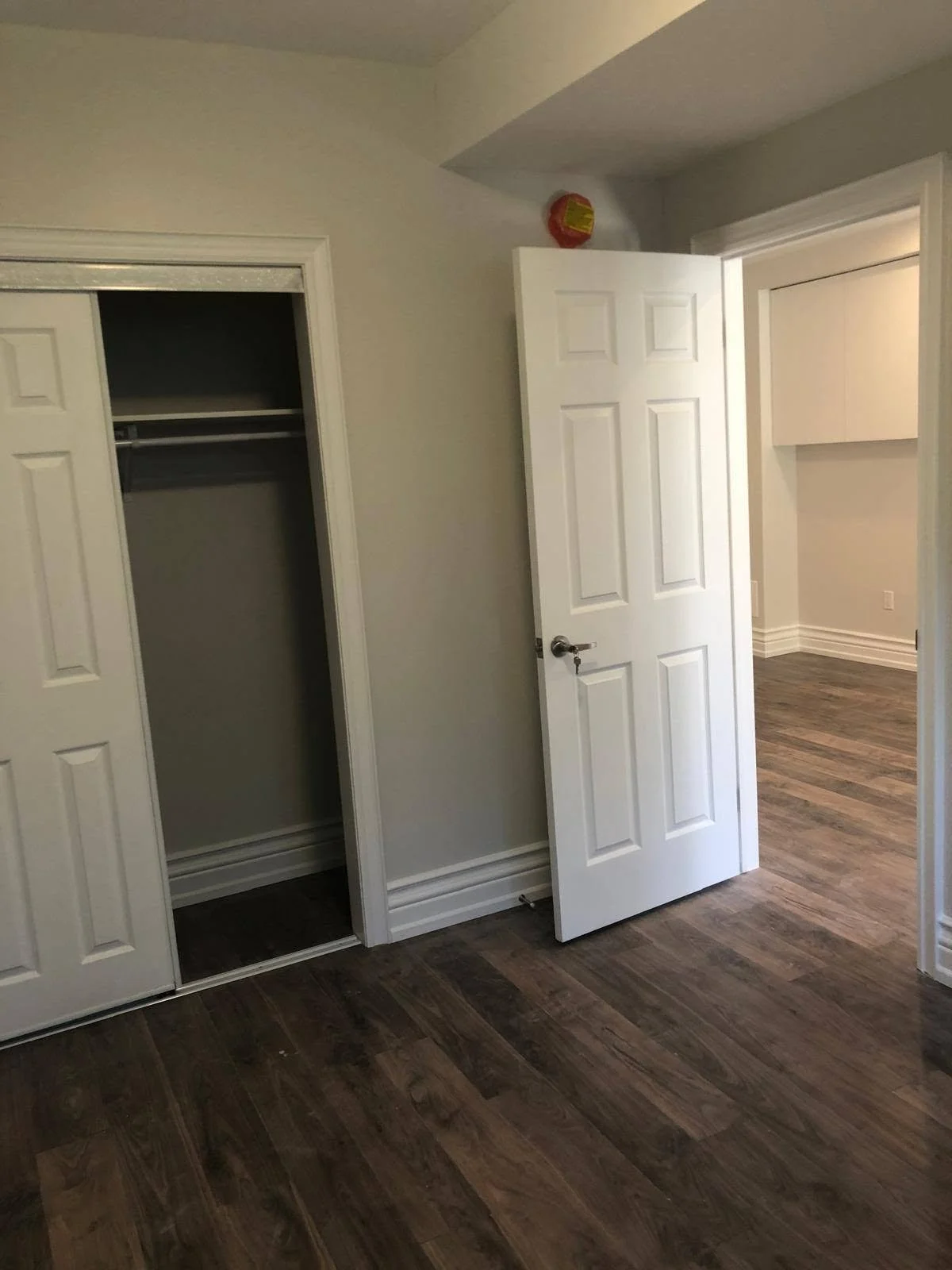 Residential interior with dark wood-look plank flooring, white interior doors, an open closet and light grey walls.