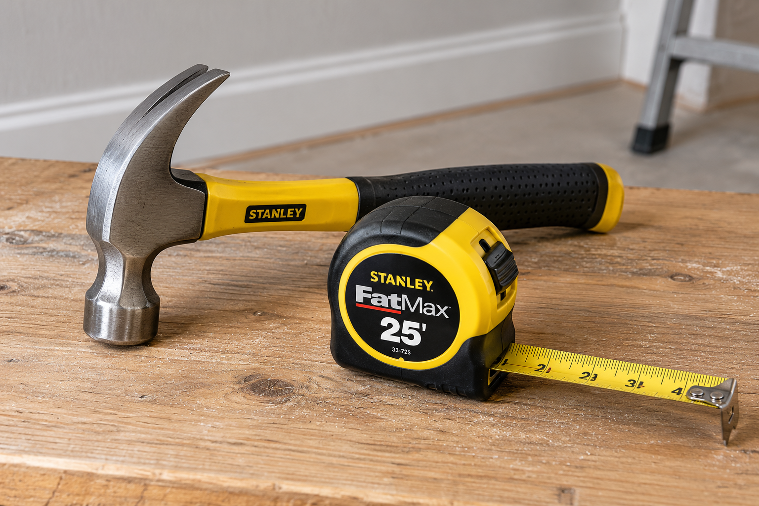 Hammer and yellow tape measure on a wooden floor, representing general handyman home repair services.