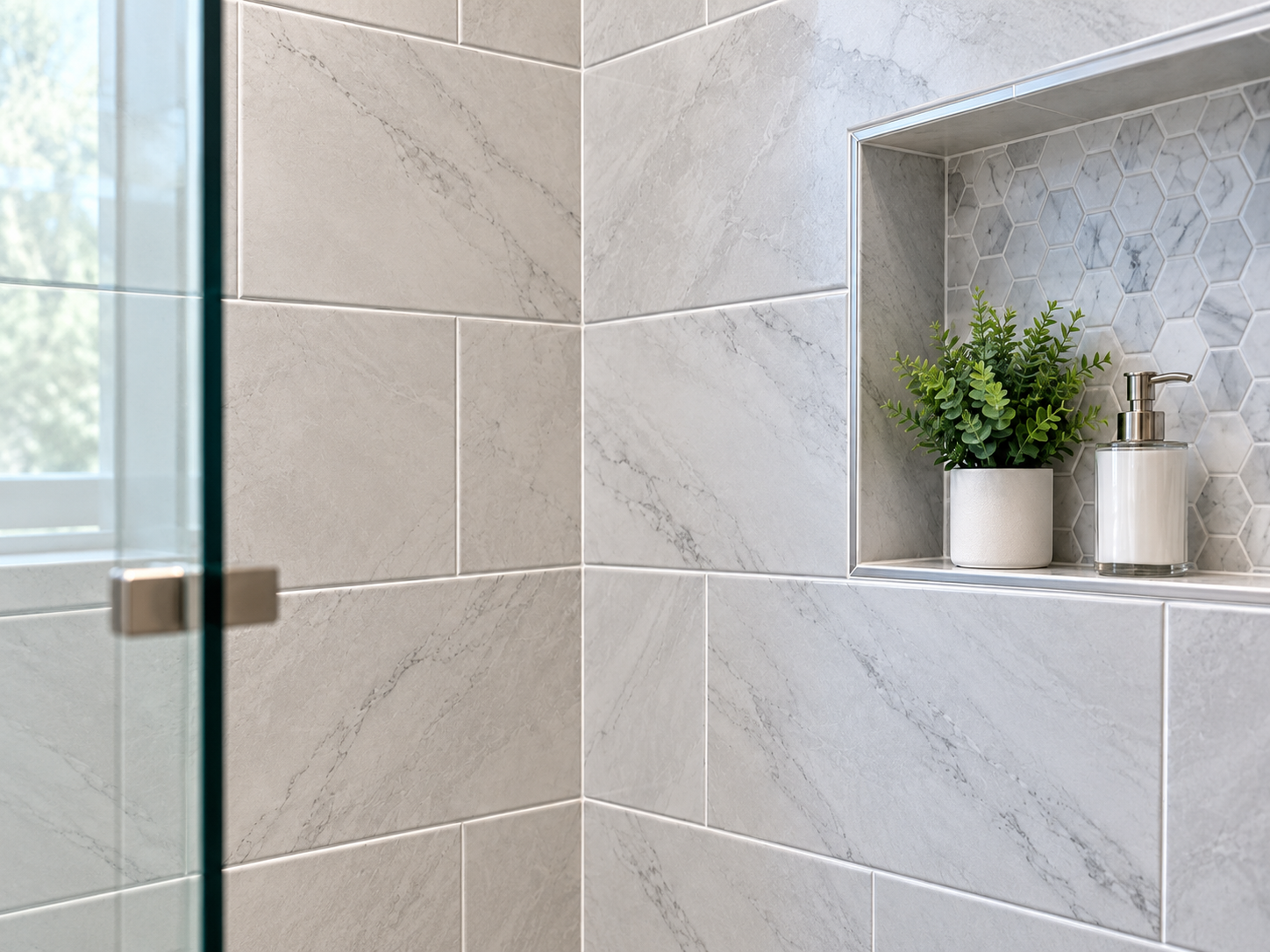 Modern bathroom shower with large-format marble-look wall tiles, glass enclosure and built-in shower niche.