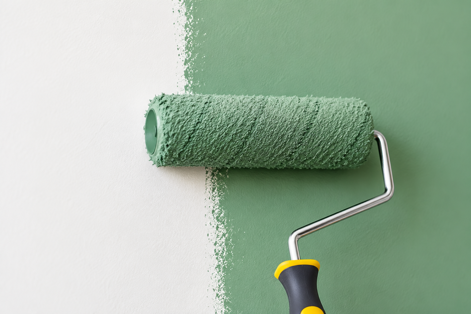 Paint roller applying green paint to an interior wall, representing residential painting and drywall services.