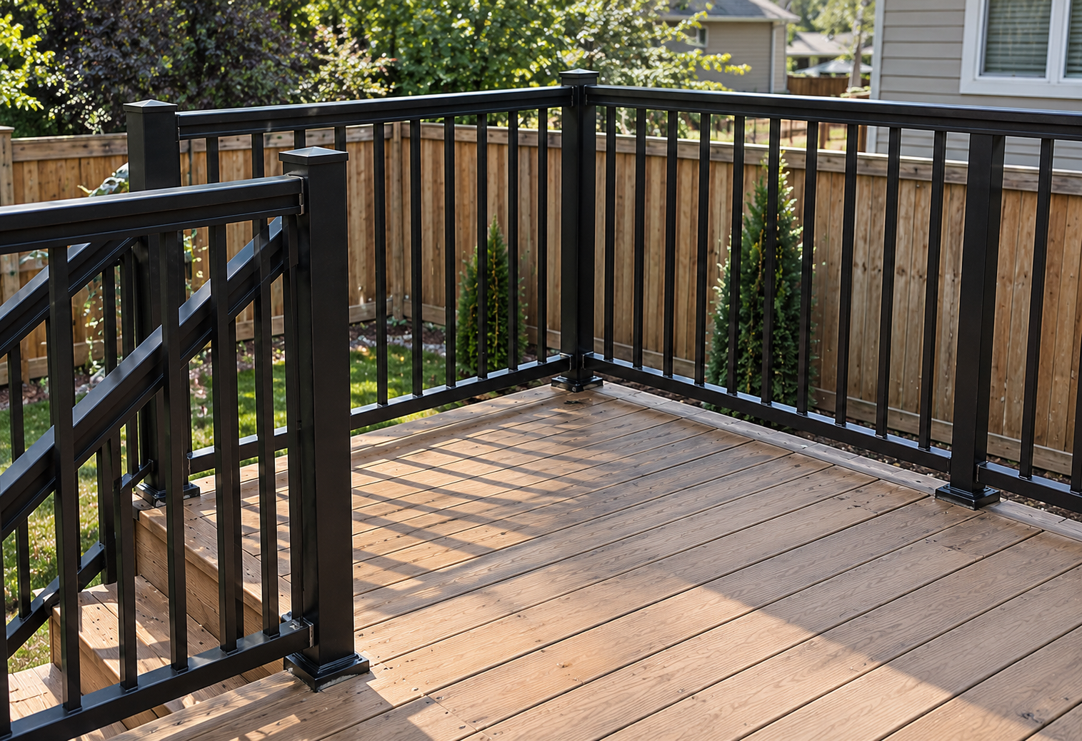 Outdoor wooden deck with brown deck boards, black metal railings and a matching safety gate.
