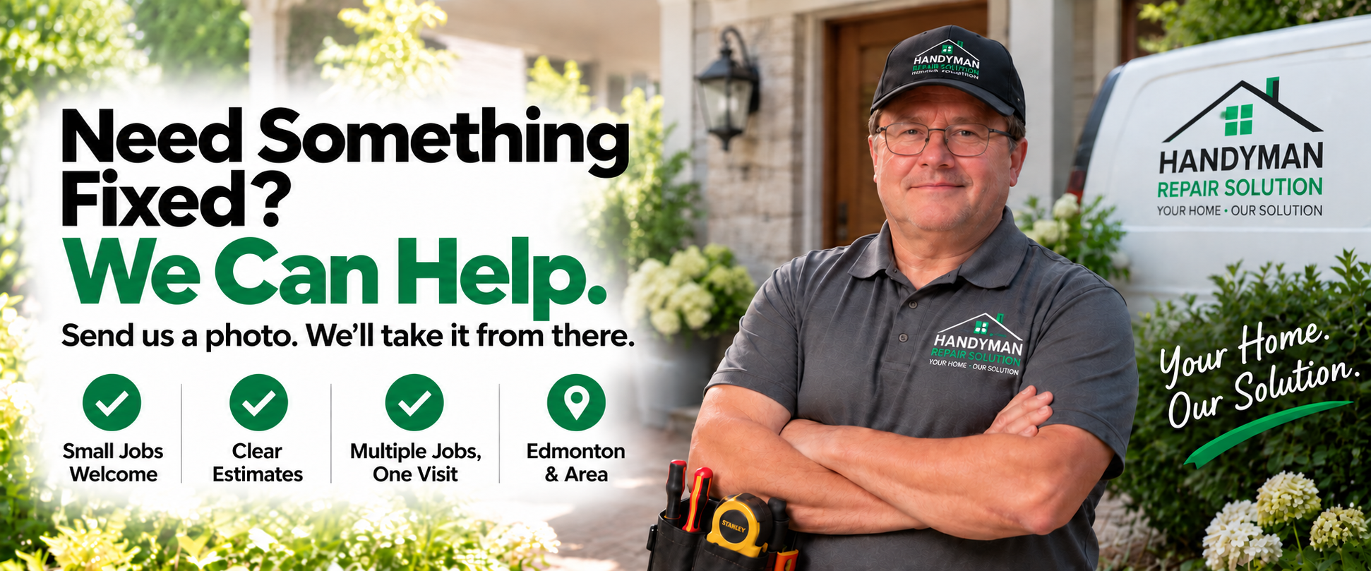 Handyman Repair Solution in Edmonton. Handyman standing beside a branded service van. Need something fixed? Send a photo for an estimate.