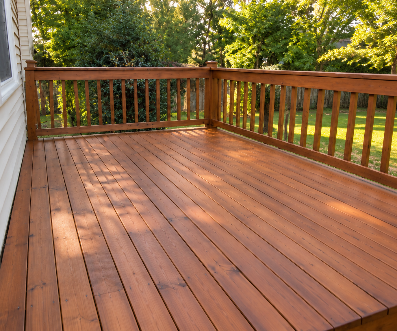 Restored backyard wooden deck with freshly refinished brown deck boards and matching railings in Edmonton.