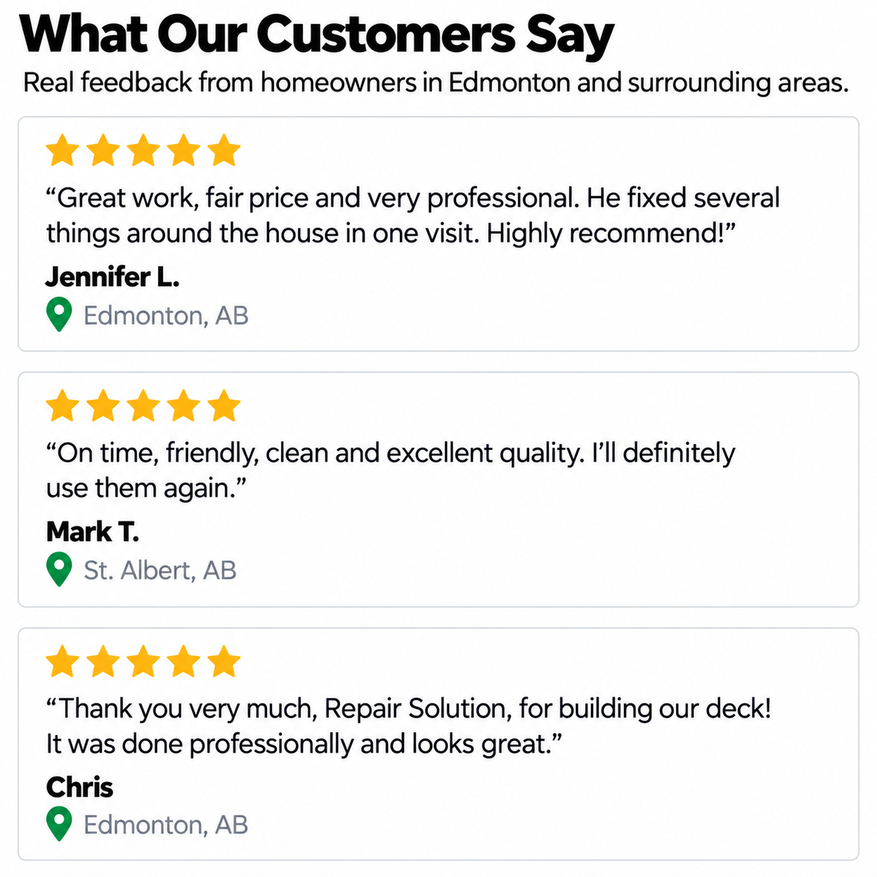 Customer testimonials for Handyman Repair Solution. Jennifer L. praises professional home repairs, Mark T. highlights friendly service and quality work, and Chris shares positive feedback about deck construction.