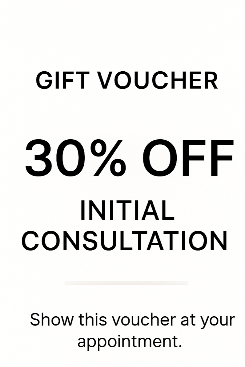A voucher offering 30% off an initial consultation, with instructions to show the voucher at the appointment.