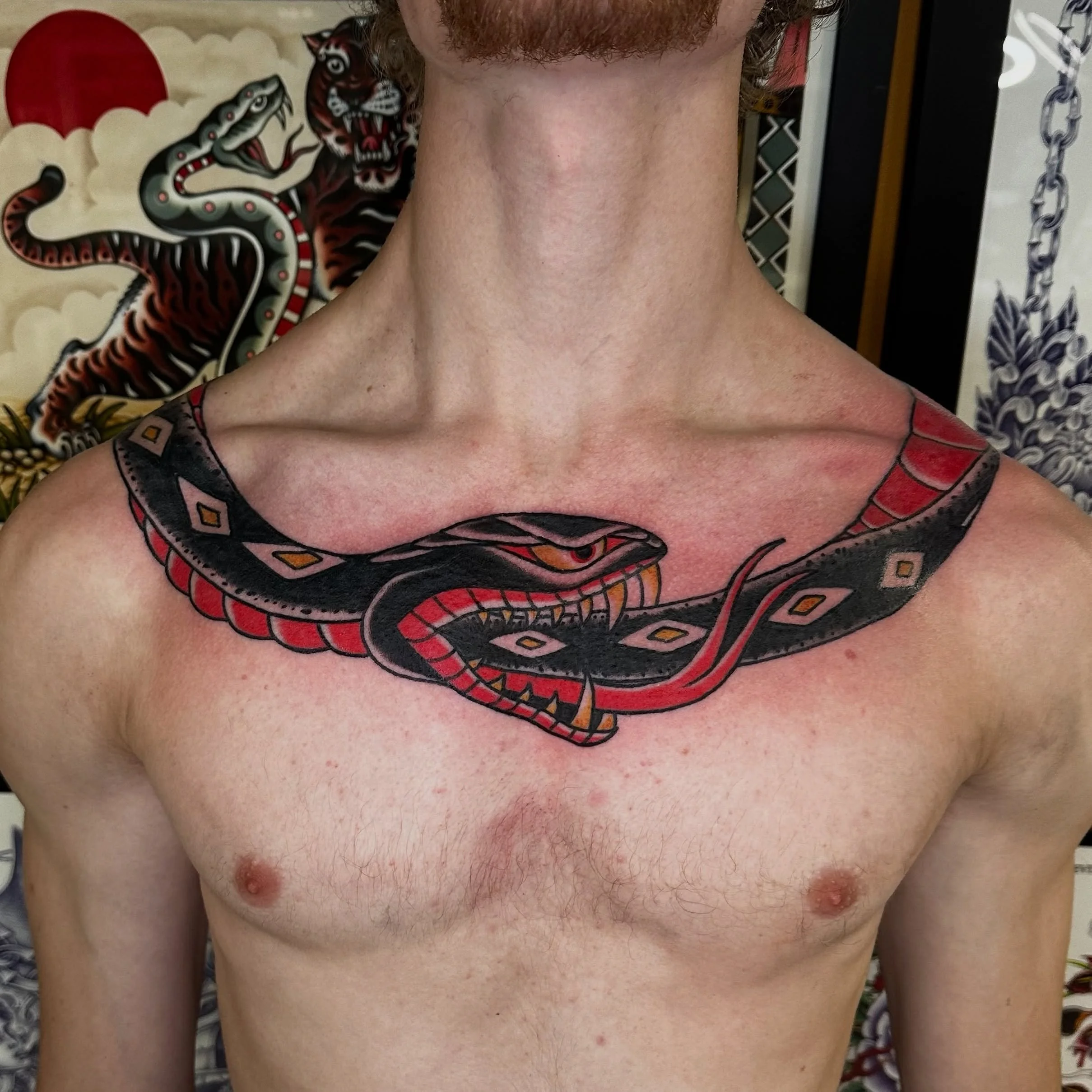 This is Mitchell&rsquo;s first tattoo. Done in two sessions, lines healed, black and color fresh.