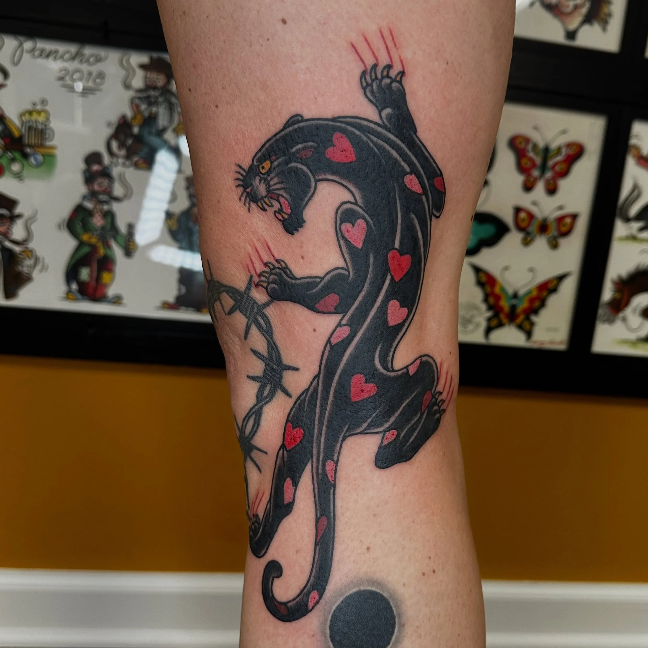 Fresh heart panther for Reanna! Plus a healed barbed wire heart, ACAB, kitty, and falcon.