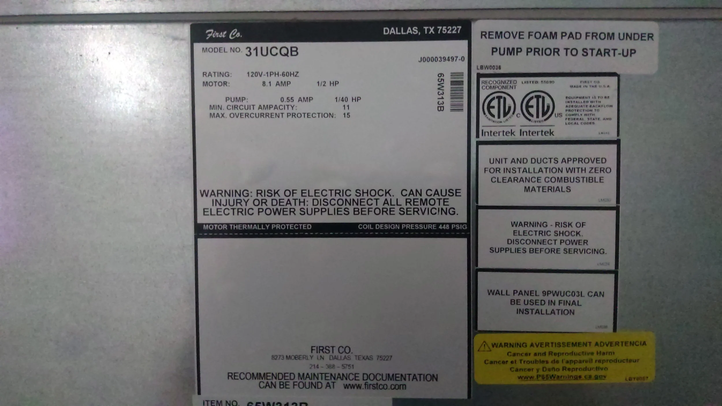Technical label on an electrical or mechanical unit, containing model number, electrical specifications, safety warnings, and installation instructions.