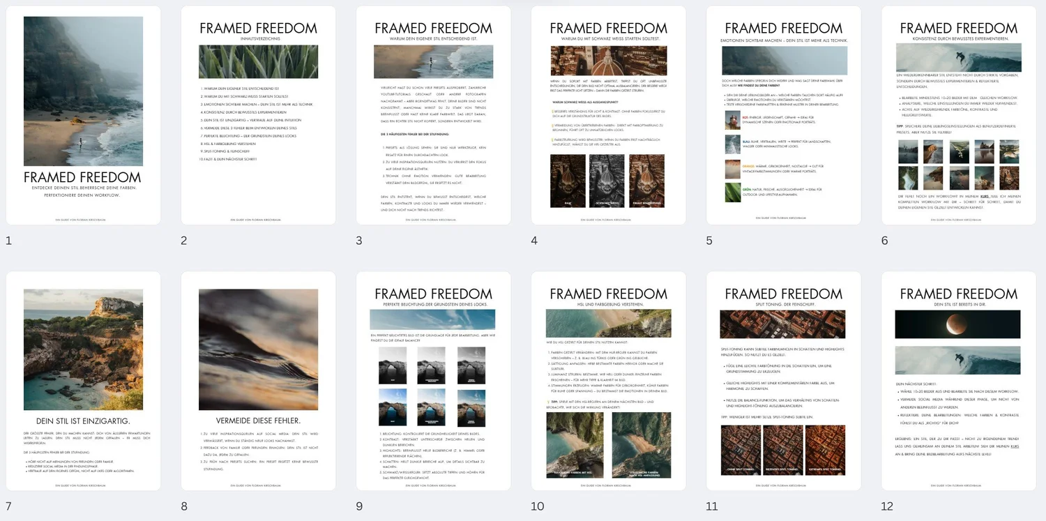 Vorschau der zwölf Seiten des kostenlosen Lightroom-Bildbearbeitungs-Guides