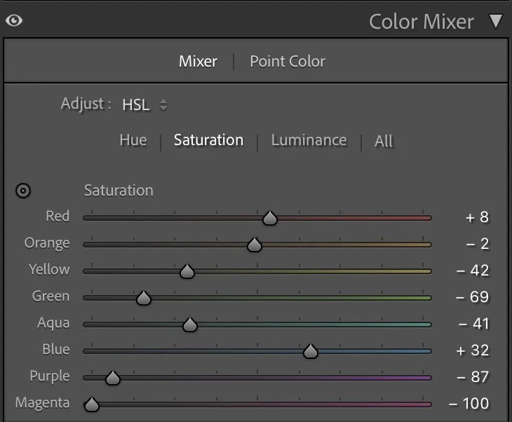 Anpassung der Sättigung im Lightroom-Farbmischer