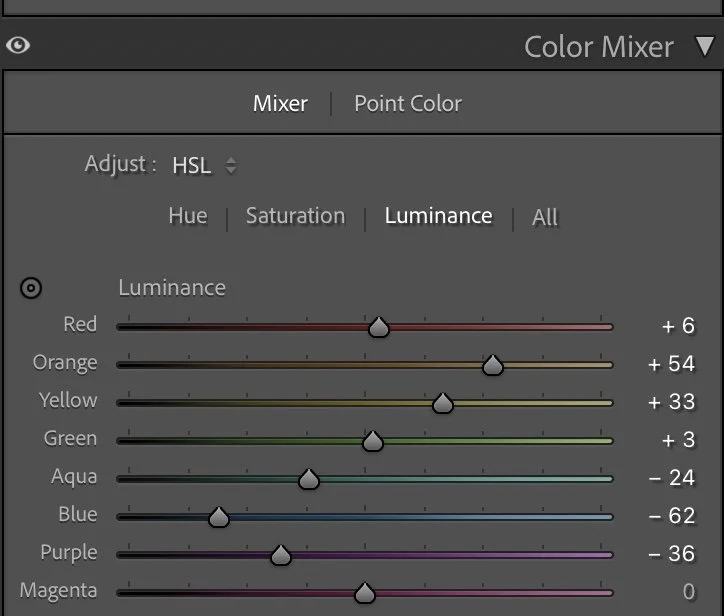 Anpassung der Luminanz im Lightroom-Farbmischer