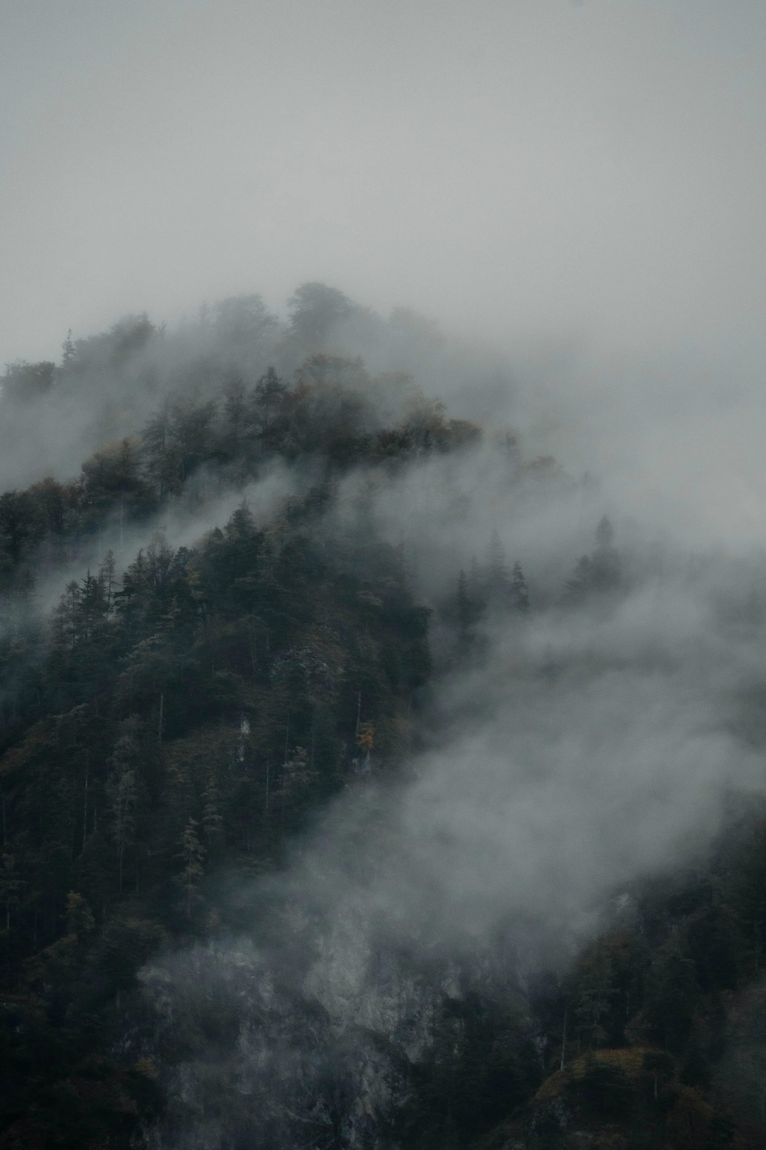 Nebel über den Bergen am Almsee, Österreich