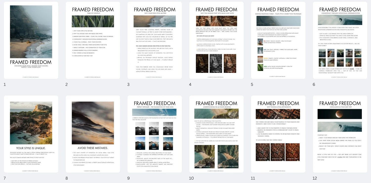 Preview of the twelve pages in the free Lightroom editing guide