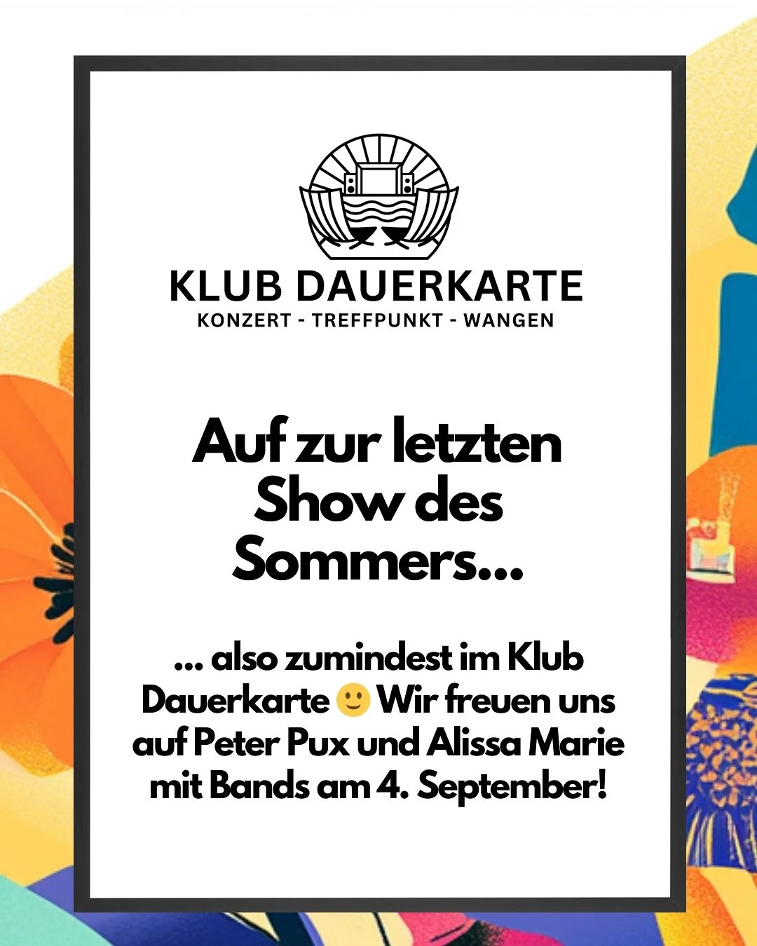 Peter Pux + Alisa Marie beim Klub Dauerkarte am 4. September in Wangen: Doppelter Grund zur Vorfreude! ✨

Mit Peter Pux kommt eine der spannendsten Indie-Pop-Bands aus der Region zu uns. Deutschsprachige Songs, die sich leise ins Herz schleichen und 