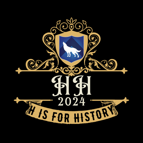 A crest with a blue shield featuring a white wolf silhouette, surrounded by ornamental gold designs, the letters 'HI' in the center, '2024' below, and a banner reading 'H is for History' at the bottom.