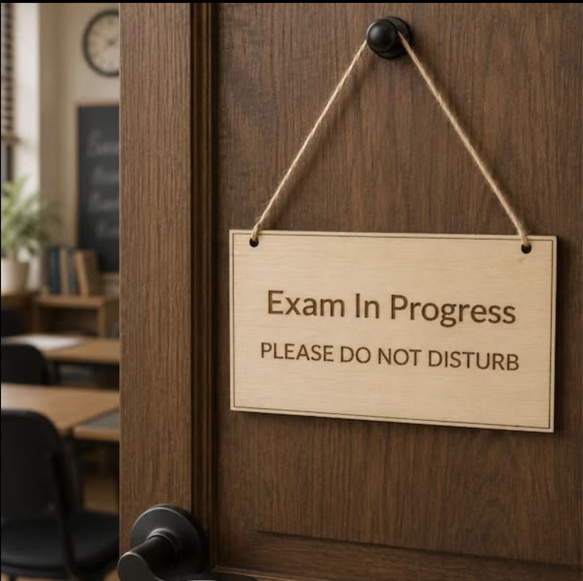 Wooden door with a sign that reads, "Exam In Progress. Please Do Not Disturb".