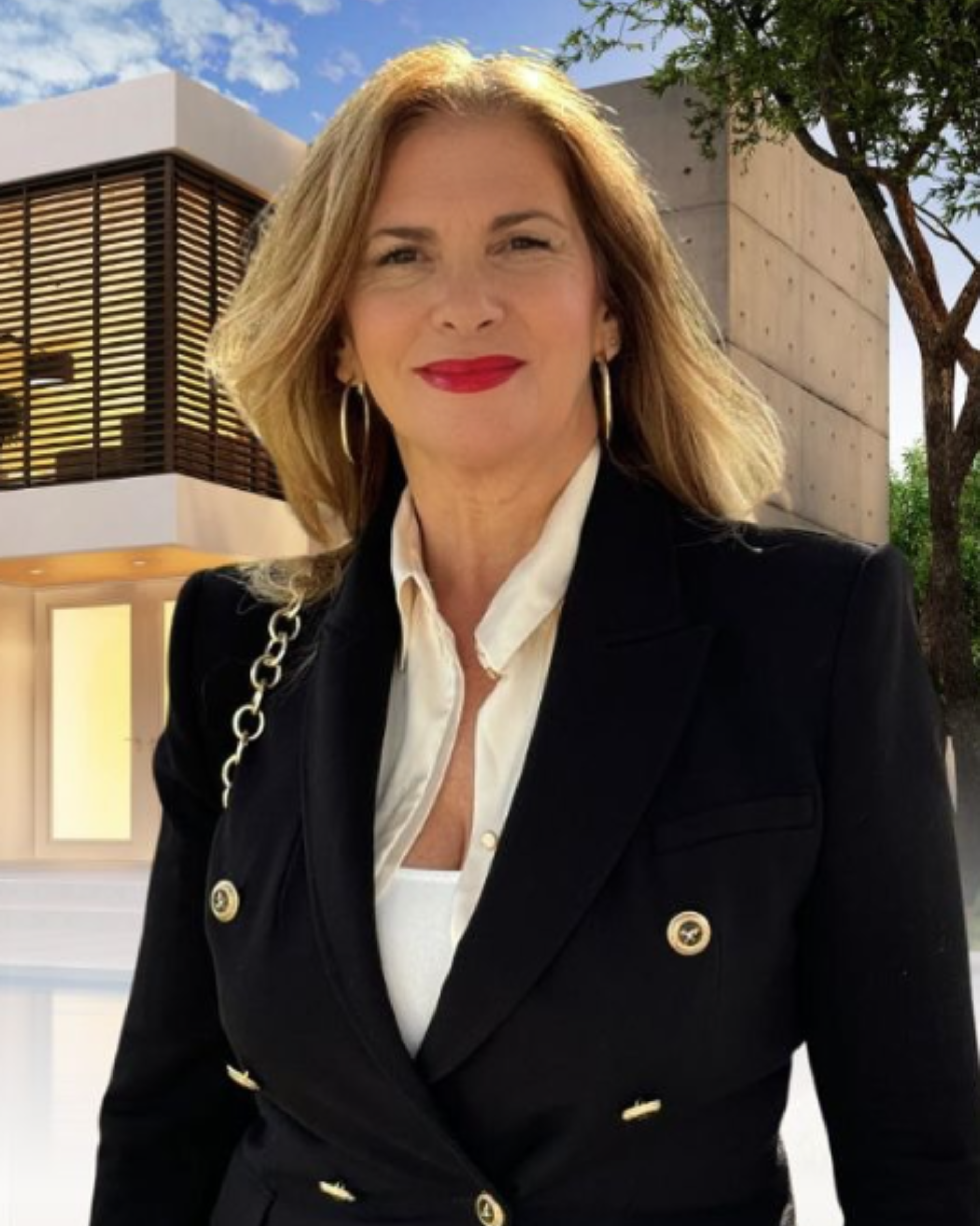 Retrato de una mujer con cabello rubio y abierto, vestida con saco negro y blusa blanca, posando al aire libre con edificios y árboles de fondo.