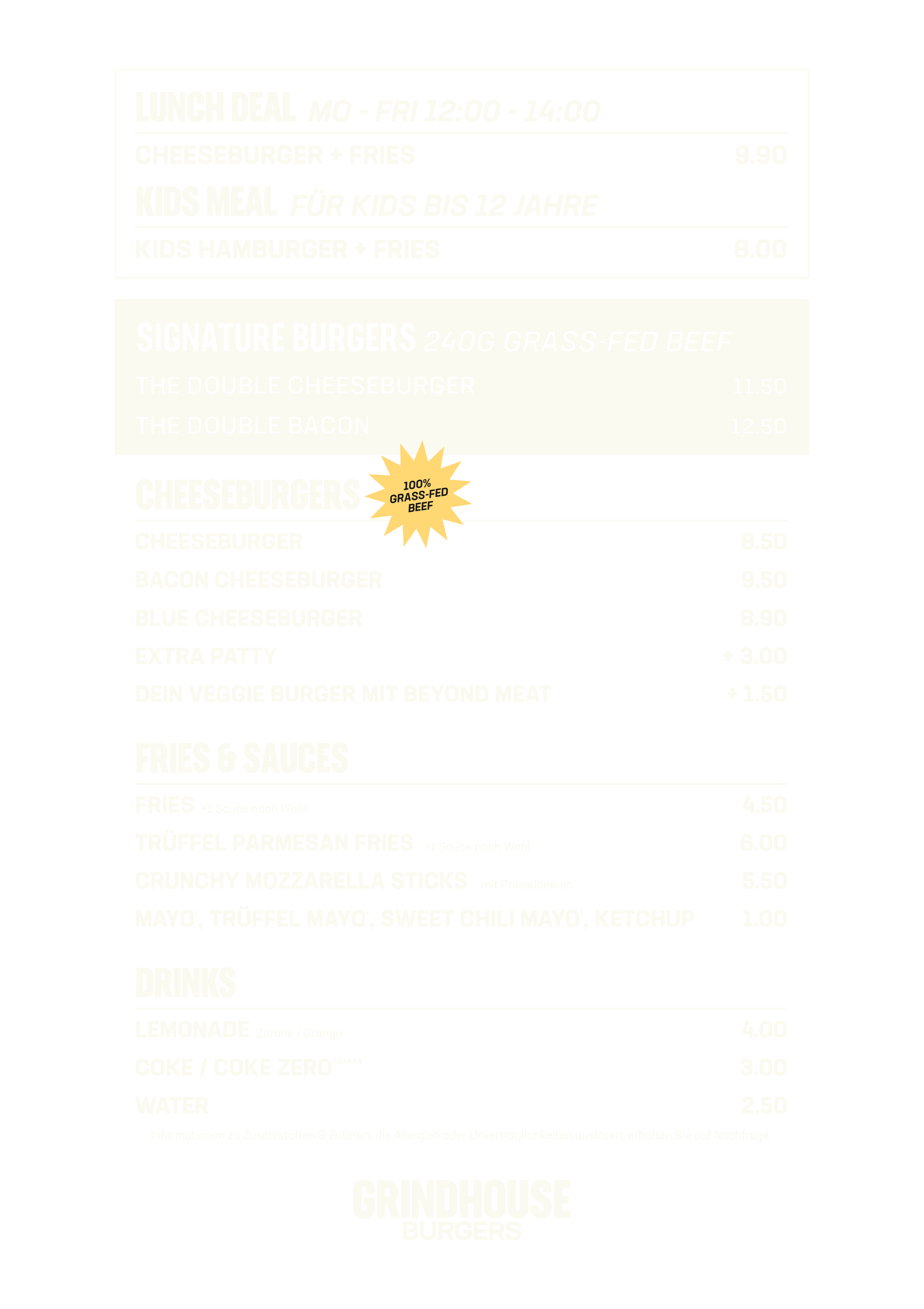 Speisekarte mit verschiedenen Burgerangeboten, Beilagen, Vorspeisen, Saucen und Getränken. Menüangebote für Kinder, Frühstück, Getränke wie Limonade, Wasser und Cola, mit Preisen aufgelistet.