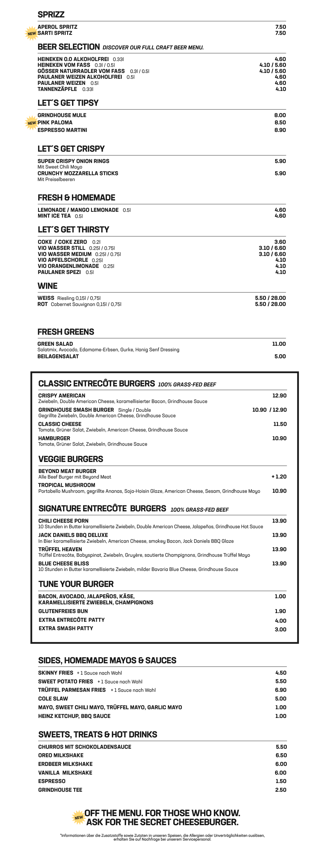 Grindhouse Burgers Catering Speisekarte Berlin – Burger, Beilagen und Drinks